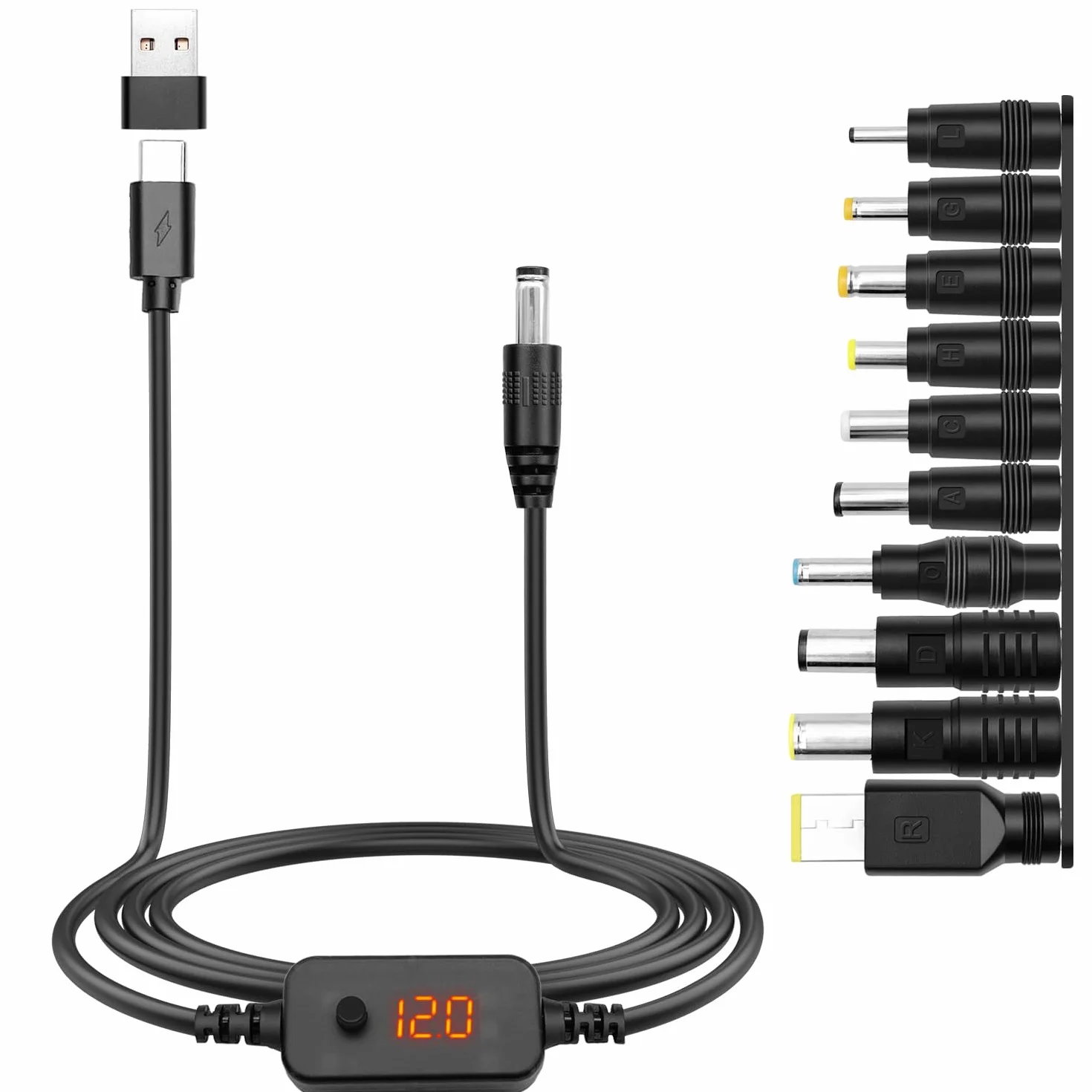 kabel adapter USB-C PD do DC [5V/9V/12V/15V/20V Regulowane] z 10 złączami DC + adapterem USB | Kompatybilny z laptopem, routerem, monitorem, kamerą | złącze 5,5×2,1mm | 1,2m (60W Power