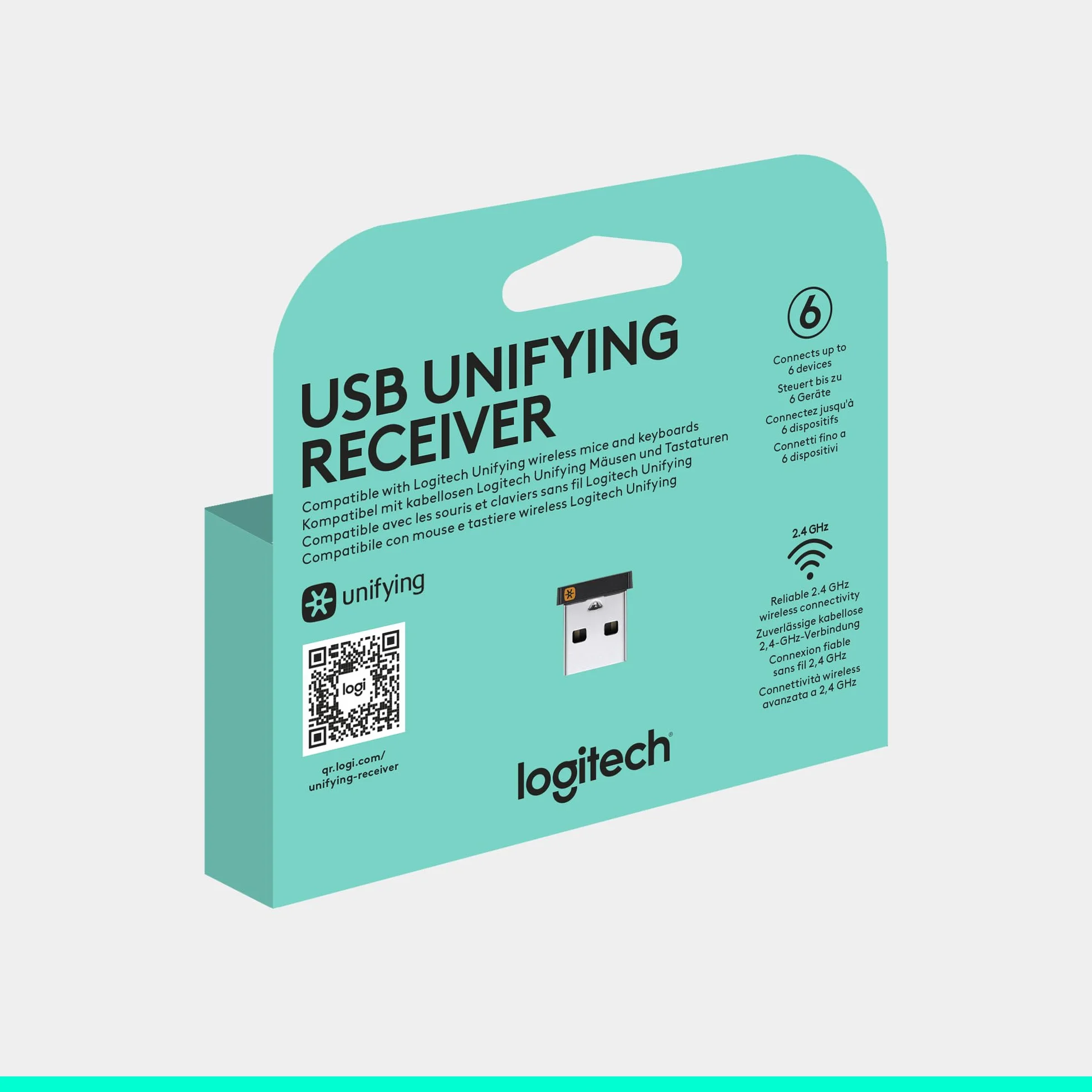 Logitech Odbiornik USB Unifying, technologia bezprzewodowa 2,4 GHz, wtyczka USB Kompatybilny ze wszystkimi urządzeniami Logitech Unifying, takimi jak mysz bezprzewodowa i klawiatura, PC/Mac - Czarny