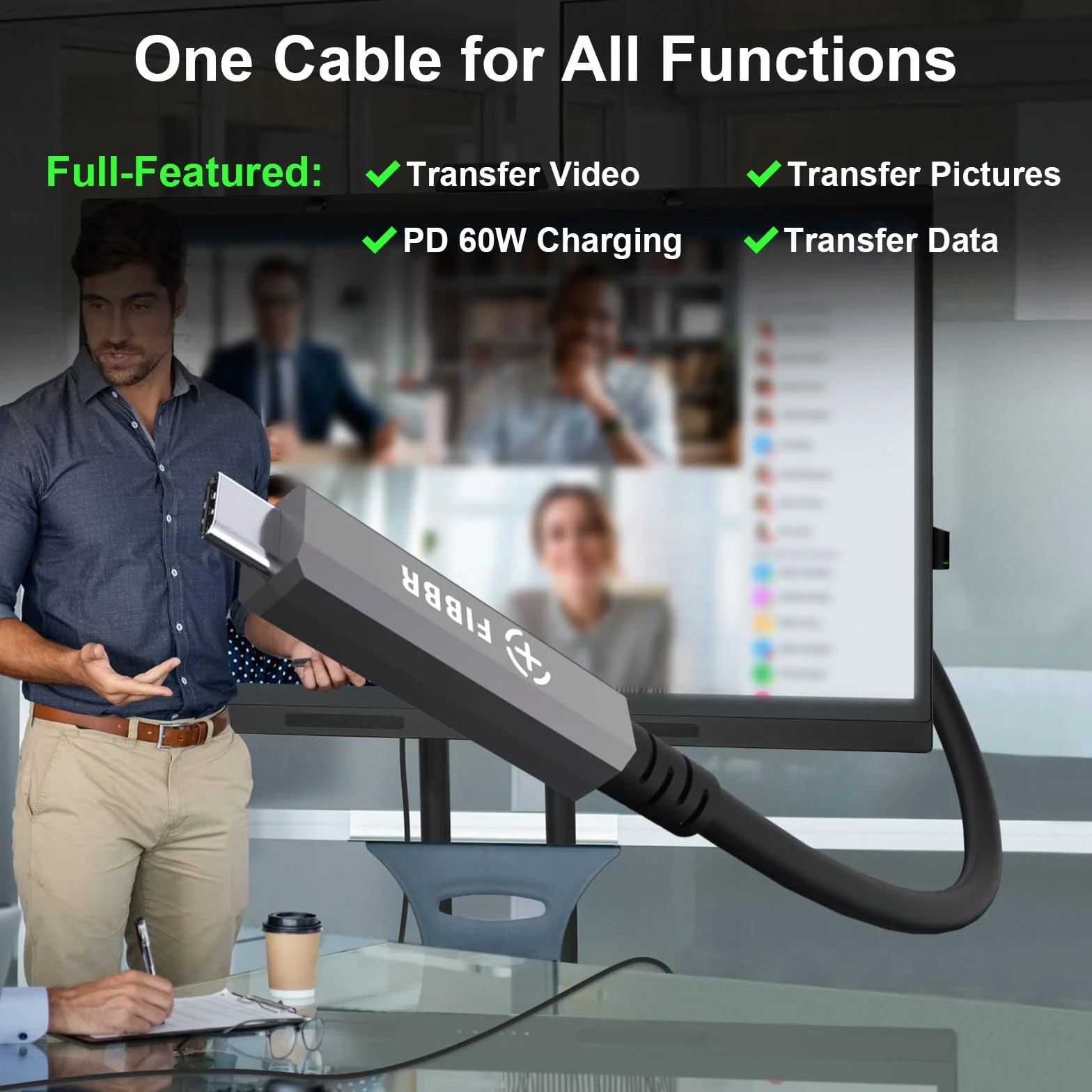 FIBBR 3 w 1 Funkcjonalny USB Kabel 15M, 10Gbps Włókno Optyczne USB C do USB C Kabel, 8K USB 3.2 Gen2 Kabel, 60W PD do Wideo Domowego, Okablowania Monitorowania, Systemu Wizji Maszynowej, HD Wideo