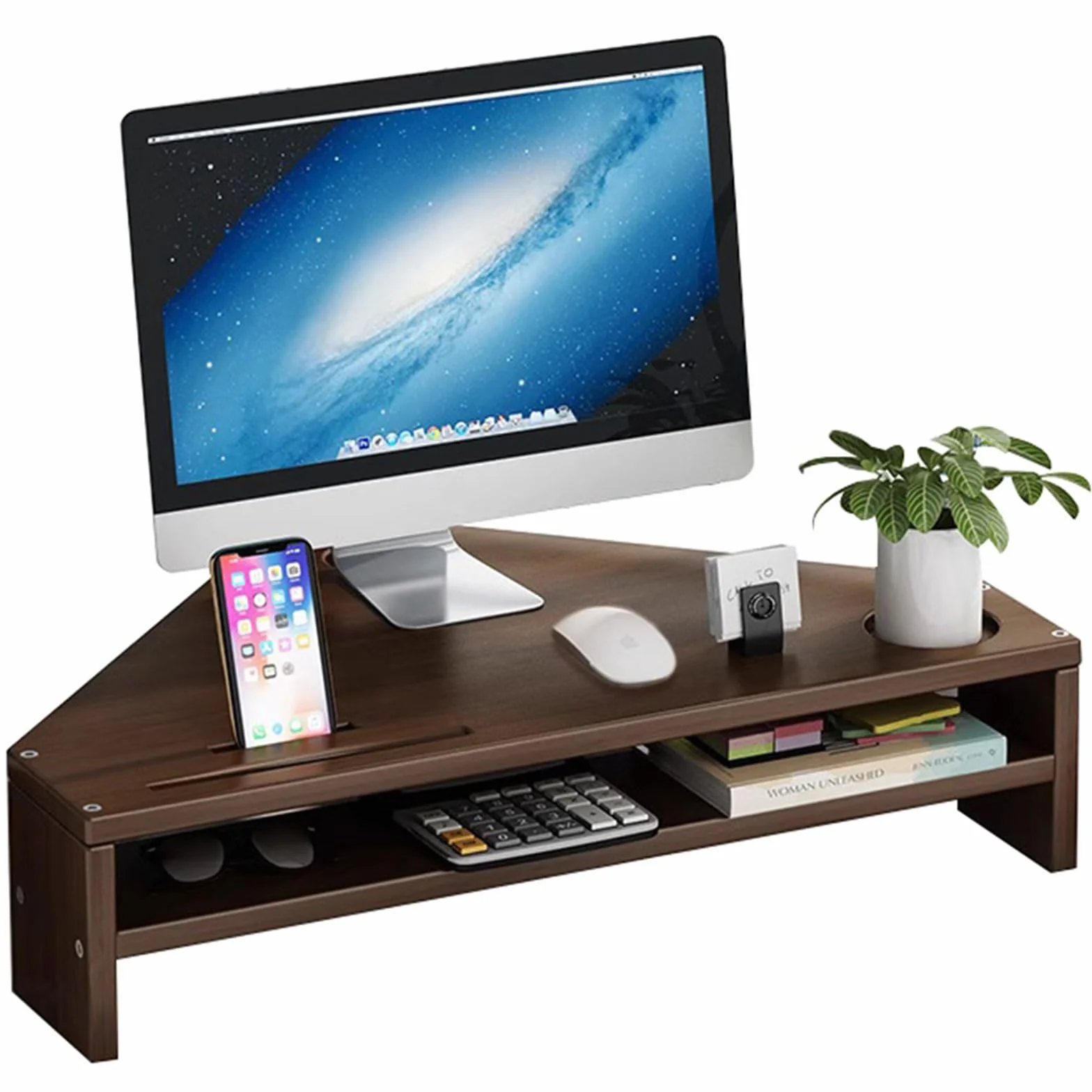 Monitoruj stojak z przechowywaniem 2-poziomowy stojak na monitor z zarządzaniem uchwytem telefonu i kablami Laptop Computer Desk Organizer Stand, For Home & Office,Walnut