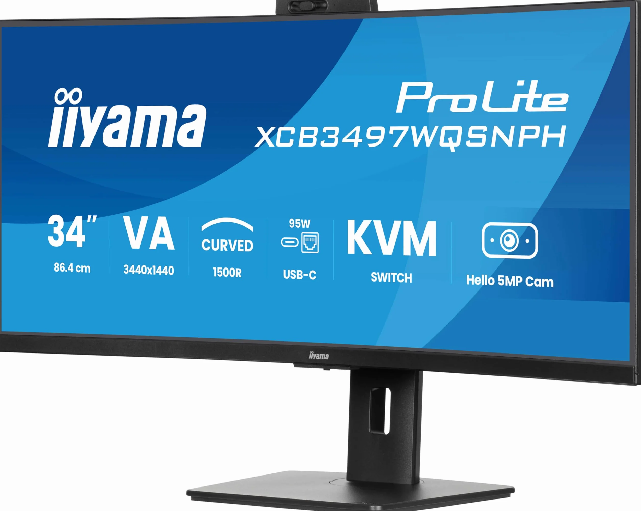 iiyama Prolite XCB3497WQSNPH-B1 zakrzywiony monitor LED VA 1500R 86,7 cm 34" VA UWQHD HDMI DP-in/Out DaisyChain USB3.2 USB-C Dock 95 W RJ45 (LAN) KVM Adaptacyjna regulacja wysokości Sync Windows Hello