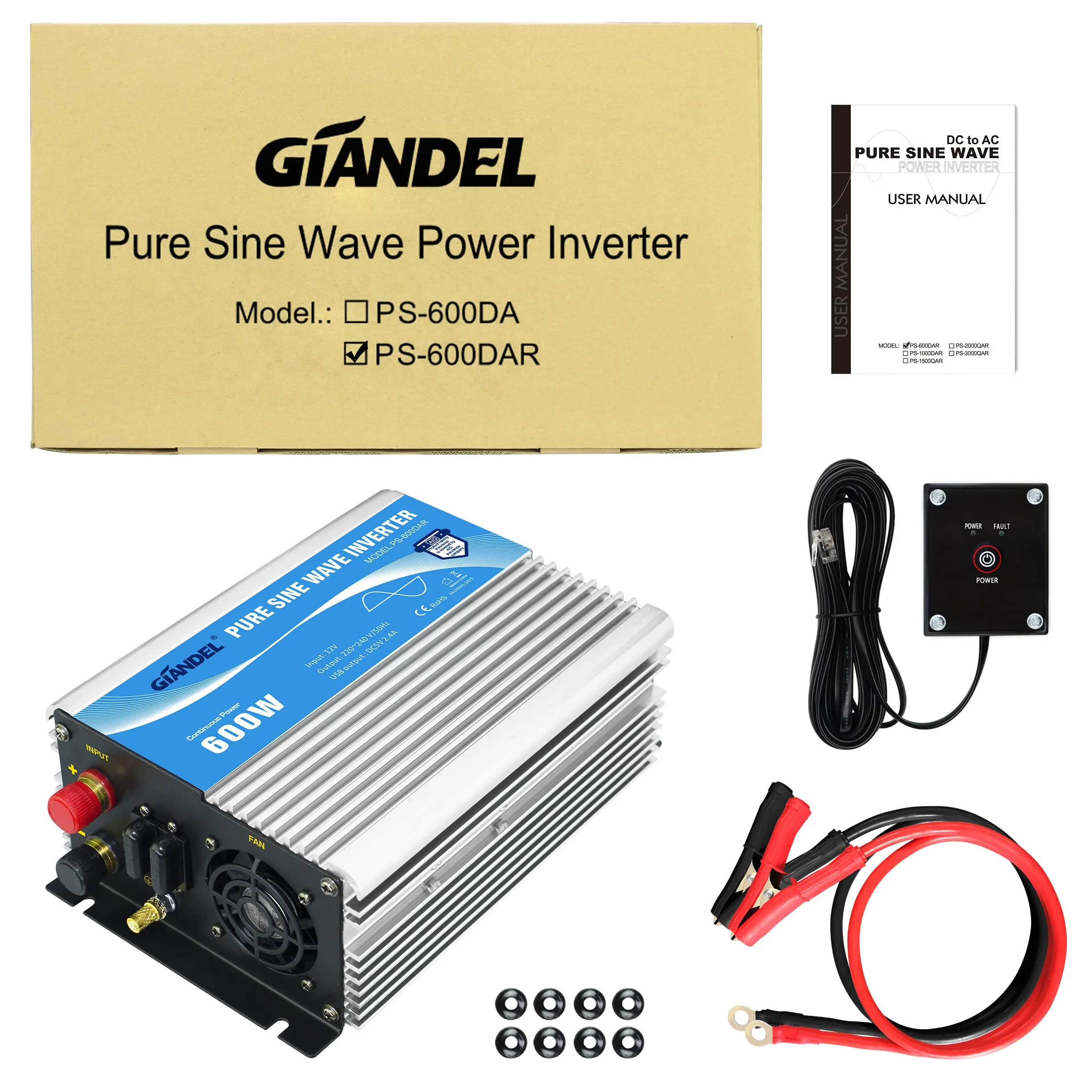 Przetwornica napięcia sinusoidalnego 600 W, 12 V na 230 V, z pilotem zdalnego sterowania i portem USB, do laptopa, aparatu, smartfona GIANDEL Silver