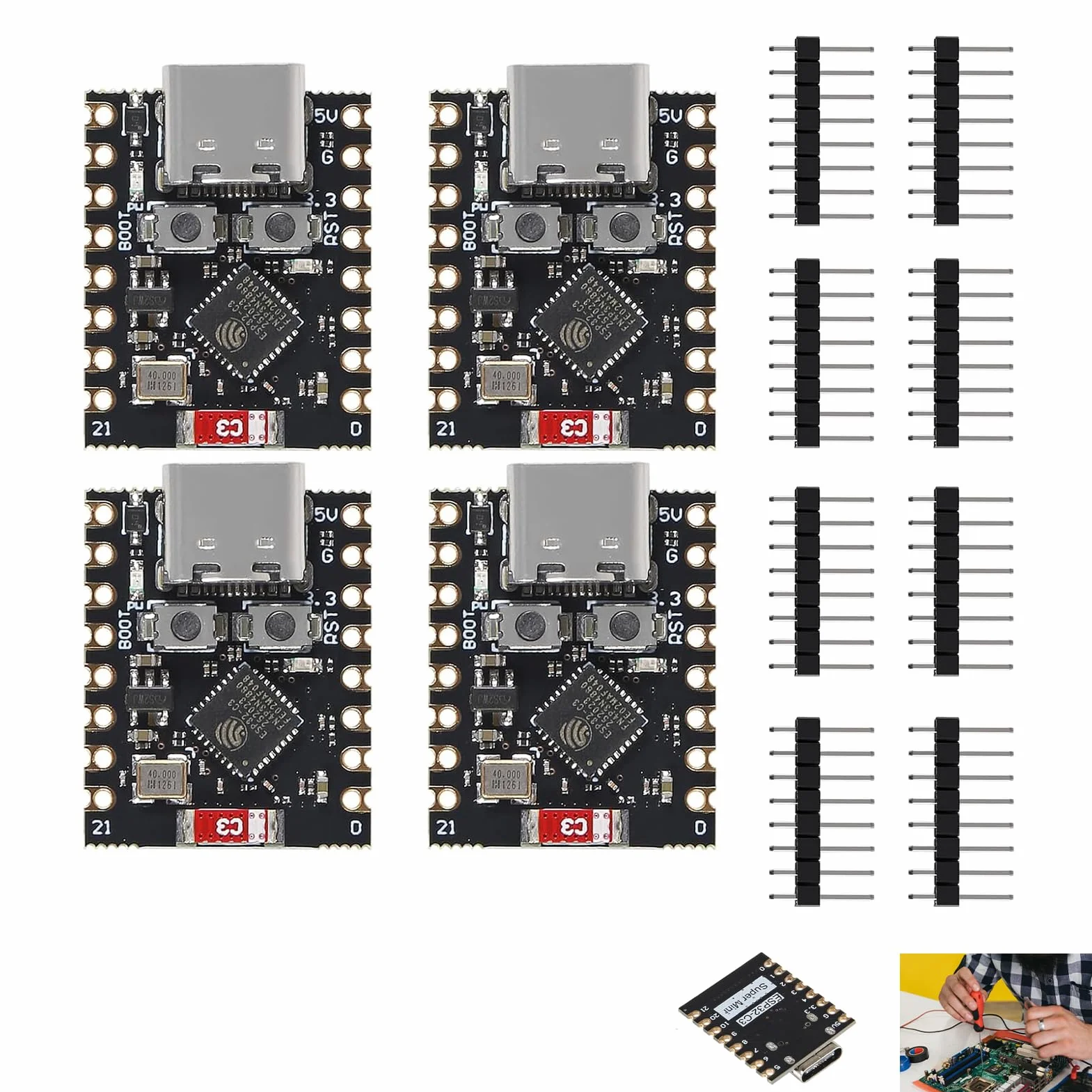 Zestaw 4 płyt rozwojowych ESP32-C3, moduł ESP32-C3 Mini, WiFi 2,4 GHz i Bluetooth 5.0, procesor RISC-V 32-bitowy 160 MHz, do Arduino MicroPython, IoT, inteligentny dom, sieć czujników