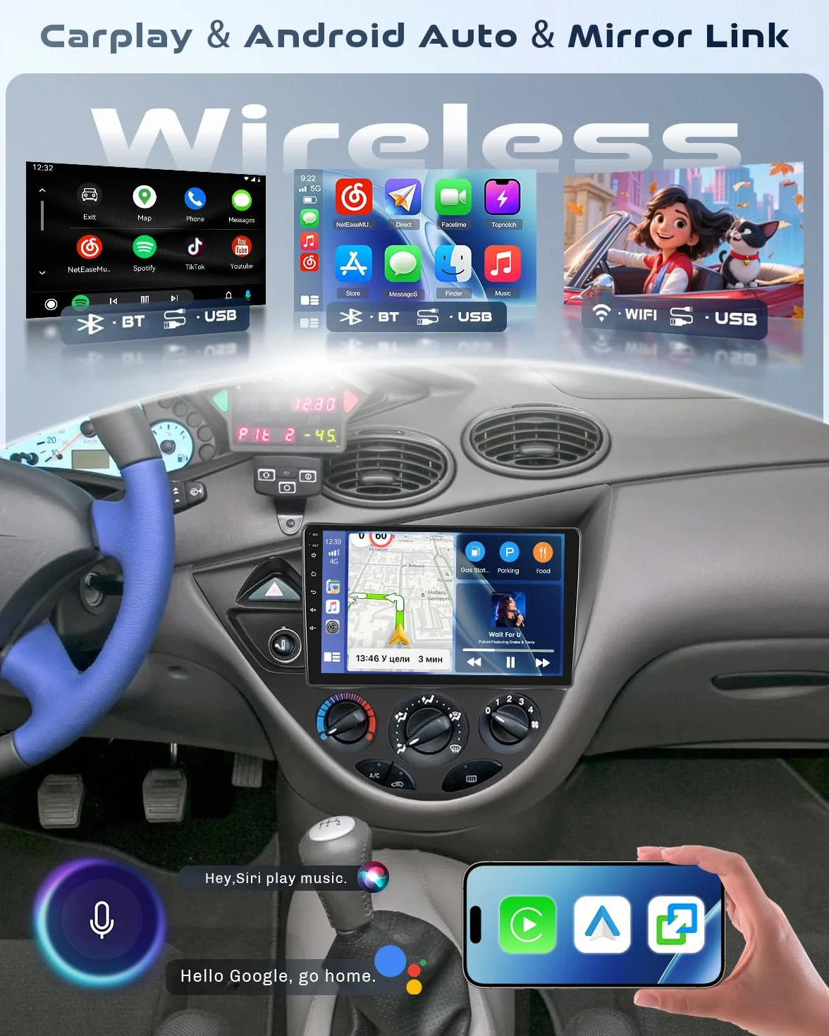 Roinvou Radio samochodowe do Ford Focus 1998-2005 Wireless CarPlay Android Auto MirrorLink, 9-calowy ekran dotykowy radia z Bluetooth EQ FM UI SWC Kamera cofania