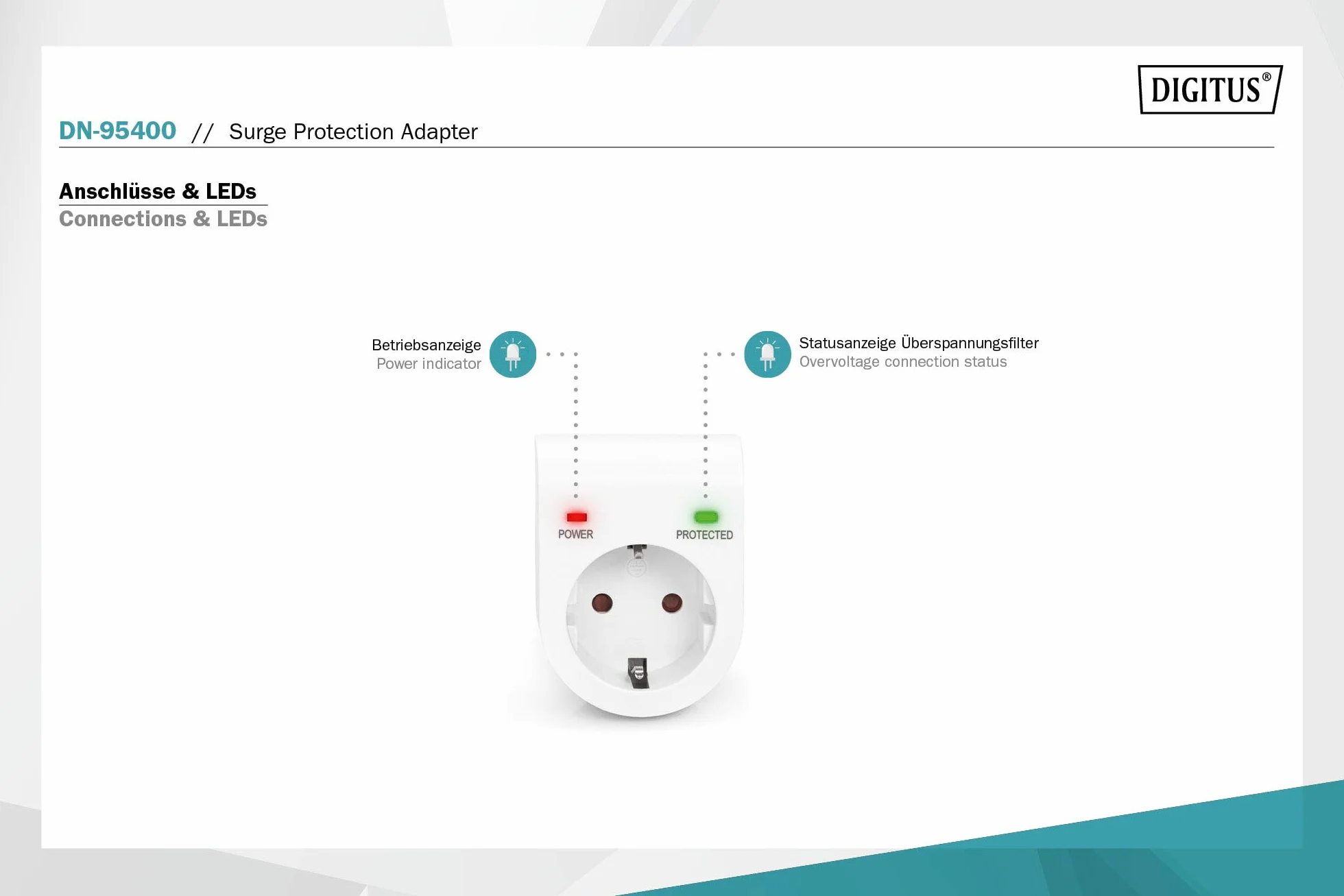 DIGITUS Adapter przeciwprzepięciowy - 16A / 230V / 50Hz - Max. 3.500W - Wskaźnik statusu LED - Prąd upływu Max. 13.500A