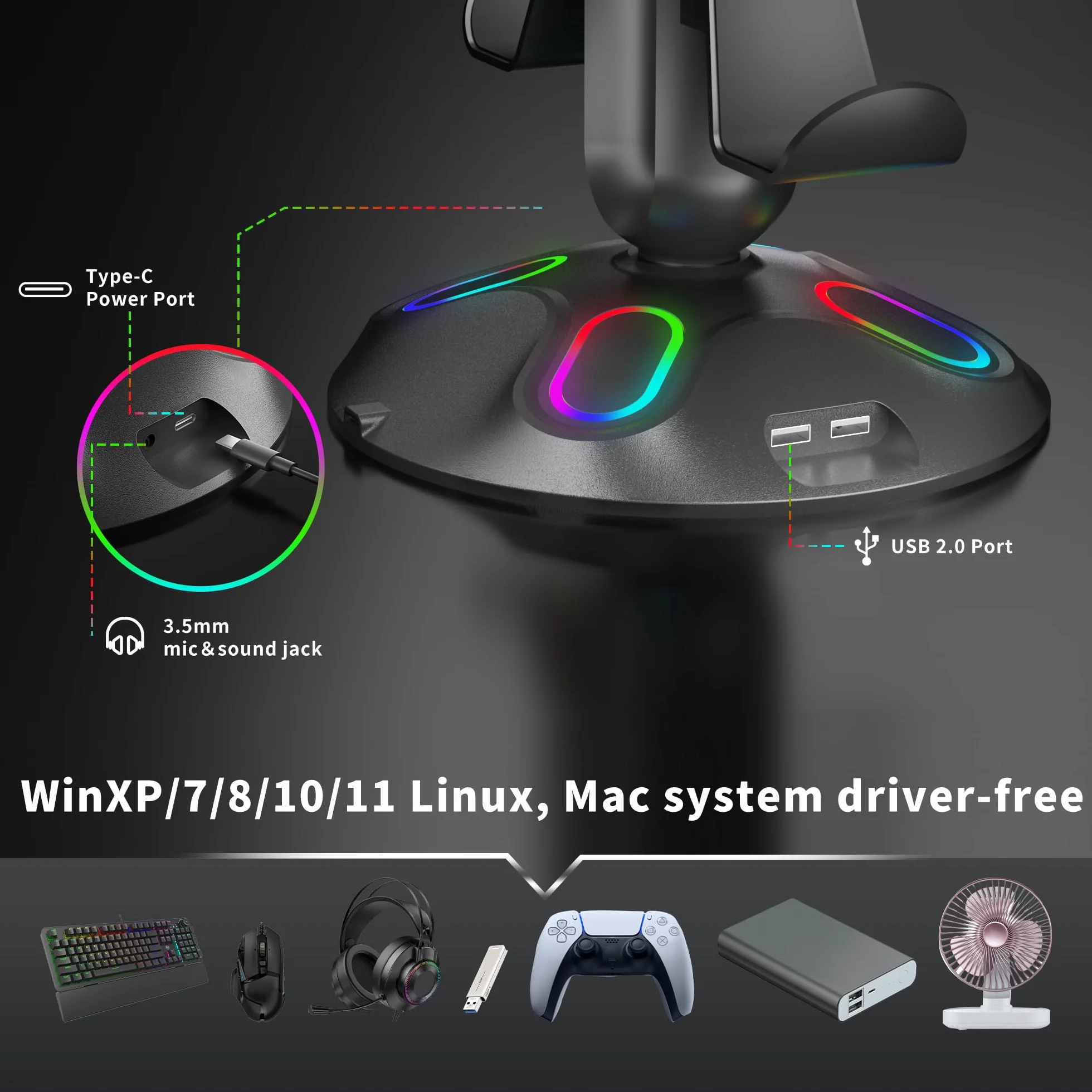 Uchwyt na słuchawki do gier RGB, uchwyt na kontroler Canmarin z 9 trybami oświetlenia - uchwyt na słuchawki z 2 portami ładowania USB i 3,5 mm oraz typ-C, akcesoria do zawieszenia dla biurków i graczy