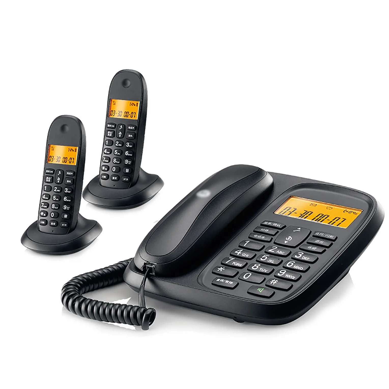 telefon bezprzewodowy + stacjonarny telefon stacjonarny, z blokadą połączeń irytujących, wyświetlacz z białym tłem, menu w języku angielskim, rozmowy w trybie głośnomówią(Czarny 2)