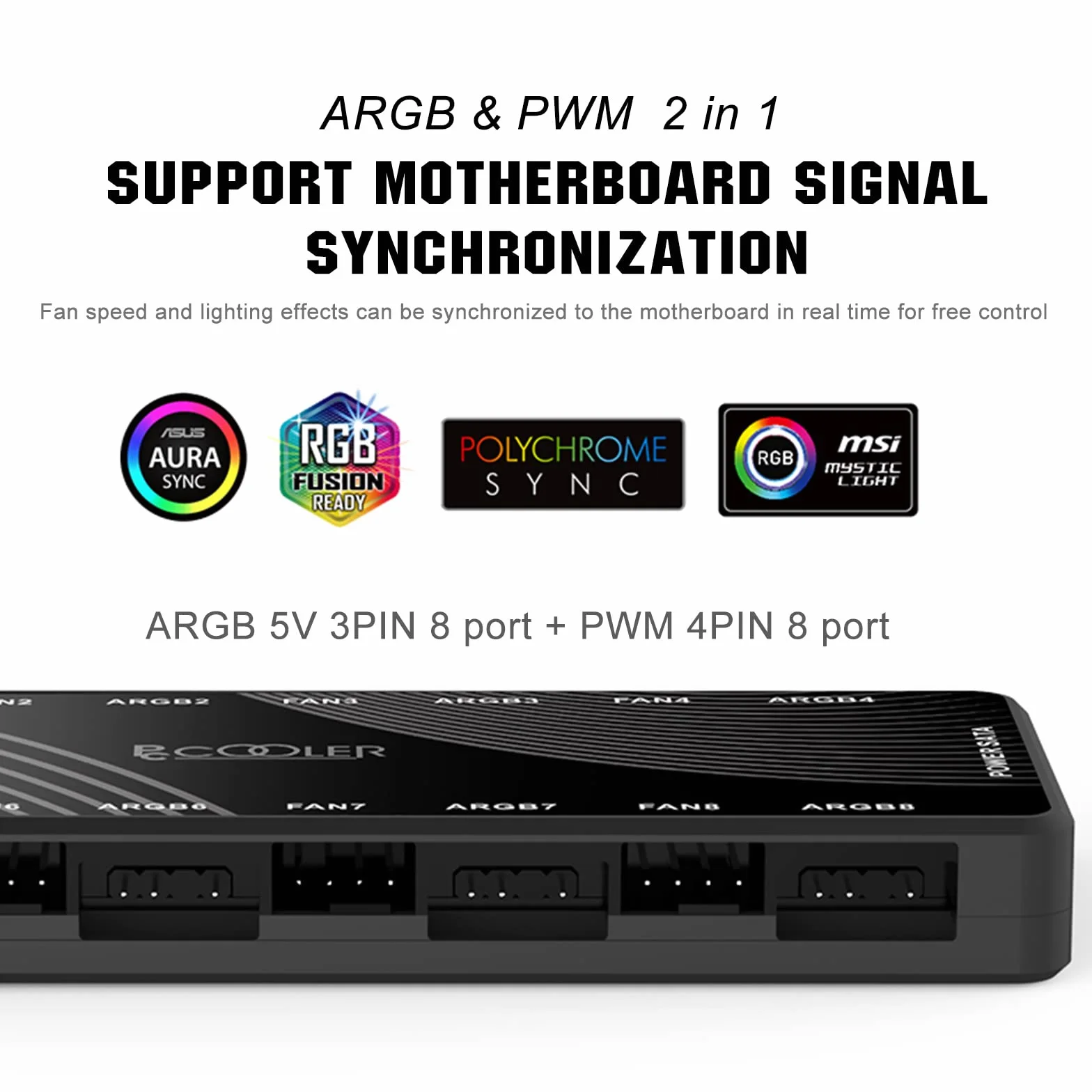 Wentylator chłodzący PC, PCCOOLER Hub adresowalny 5 V 3Pin ARGB, 12 V 4Pin PWM 2 w 1 16 portów SATA, obudowa wentylatora RGB, magnetyczna podstawa ukryta, obsługuje 8 wentylatorów procesora PC, czarny