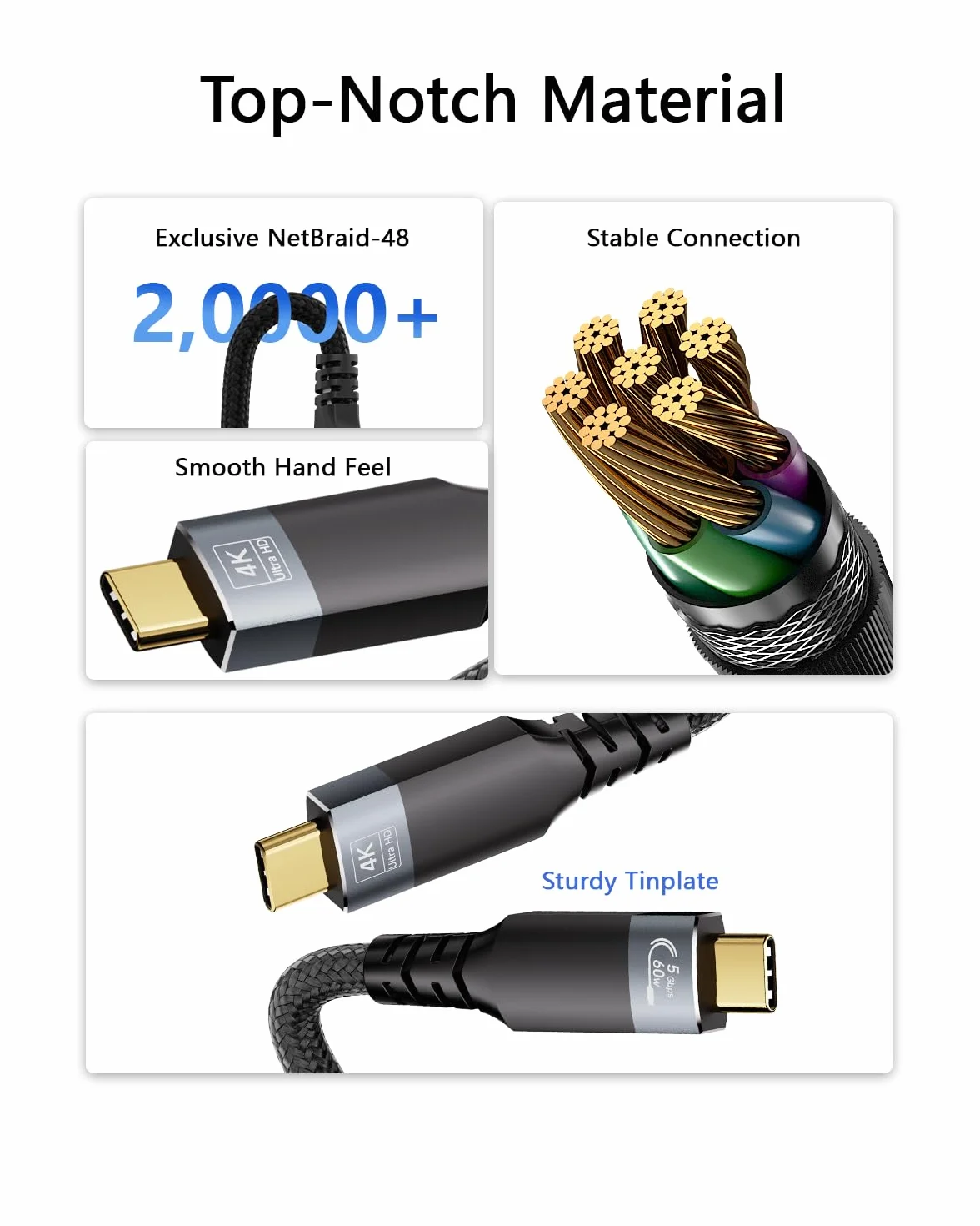 Bardzo długi kabel USB C na USBC, transmisja danych 5 Gb/s, szybkie ładowanie typu 60 W, PD 3.1, wyjście wideo 4K/60 Hz, czarny, pleciony design, uniwersalny do laptopa, stacji dokującej
