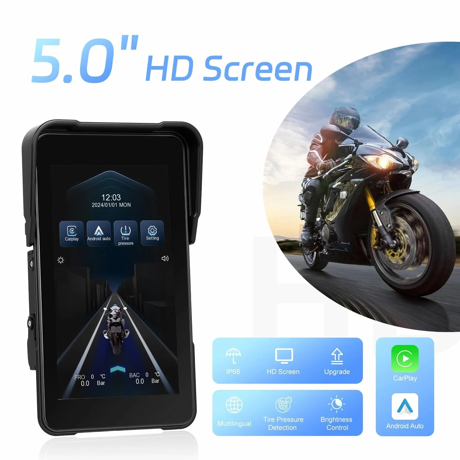 Moto CarPlay ekran do motocykli, bezprzewodowy CarPlay i Android Auto 5", wyświetlacz HD 5", wodoszczelność IP68, z Bluetooth, obsługa TPMS, zdejmowane zabezpieczenie przed kradzieżą