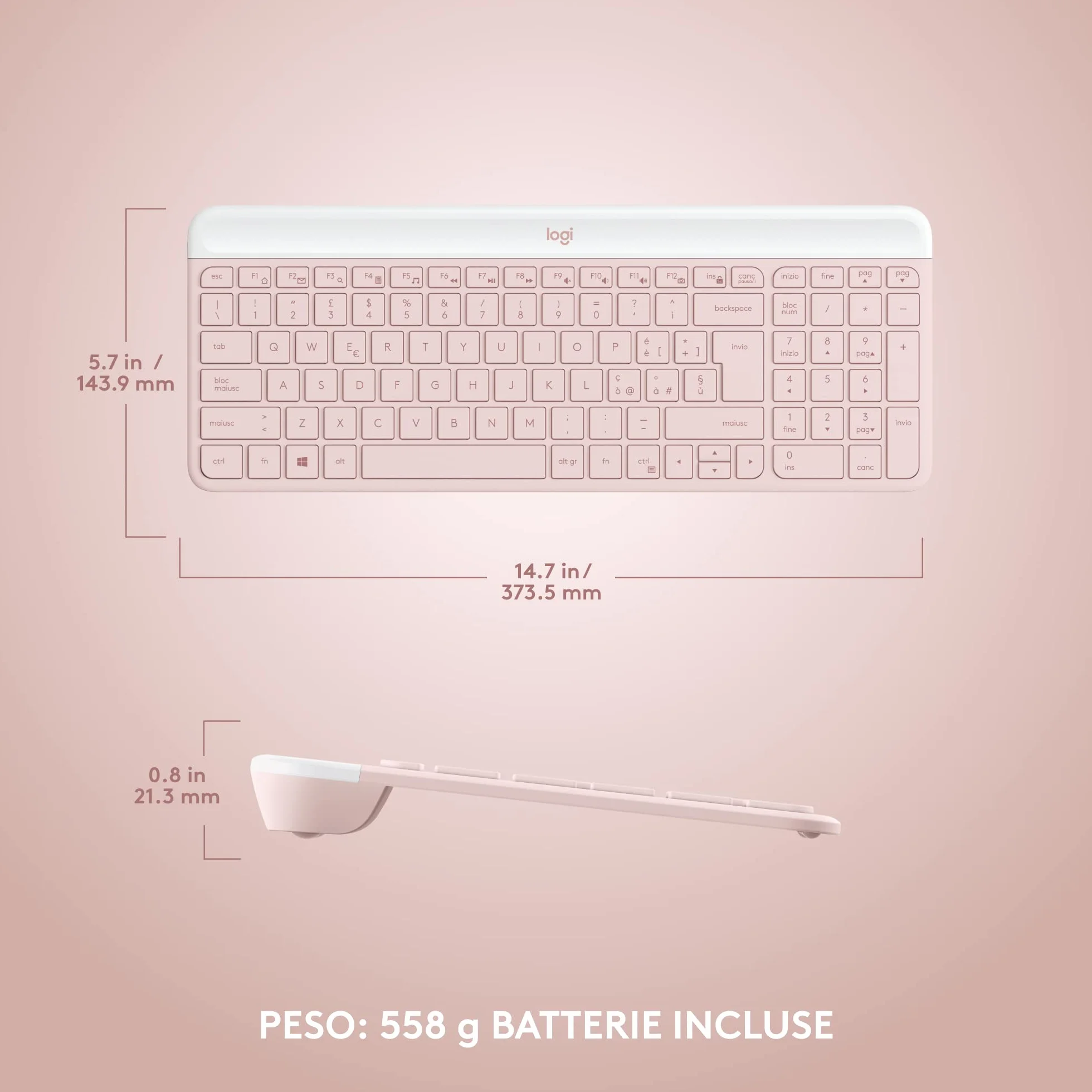 Logitech Klawiatura i Mysz Bezprzewodowa, MK470, Kompaktowy Układ Klawiszy, Cicha, Odbiornik USB 2,4 GHz, Plug n' Play, QWERTY Układ Włoski, Różowy
