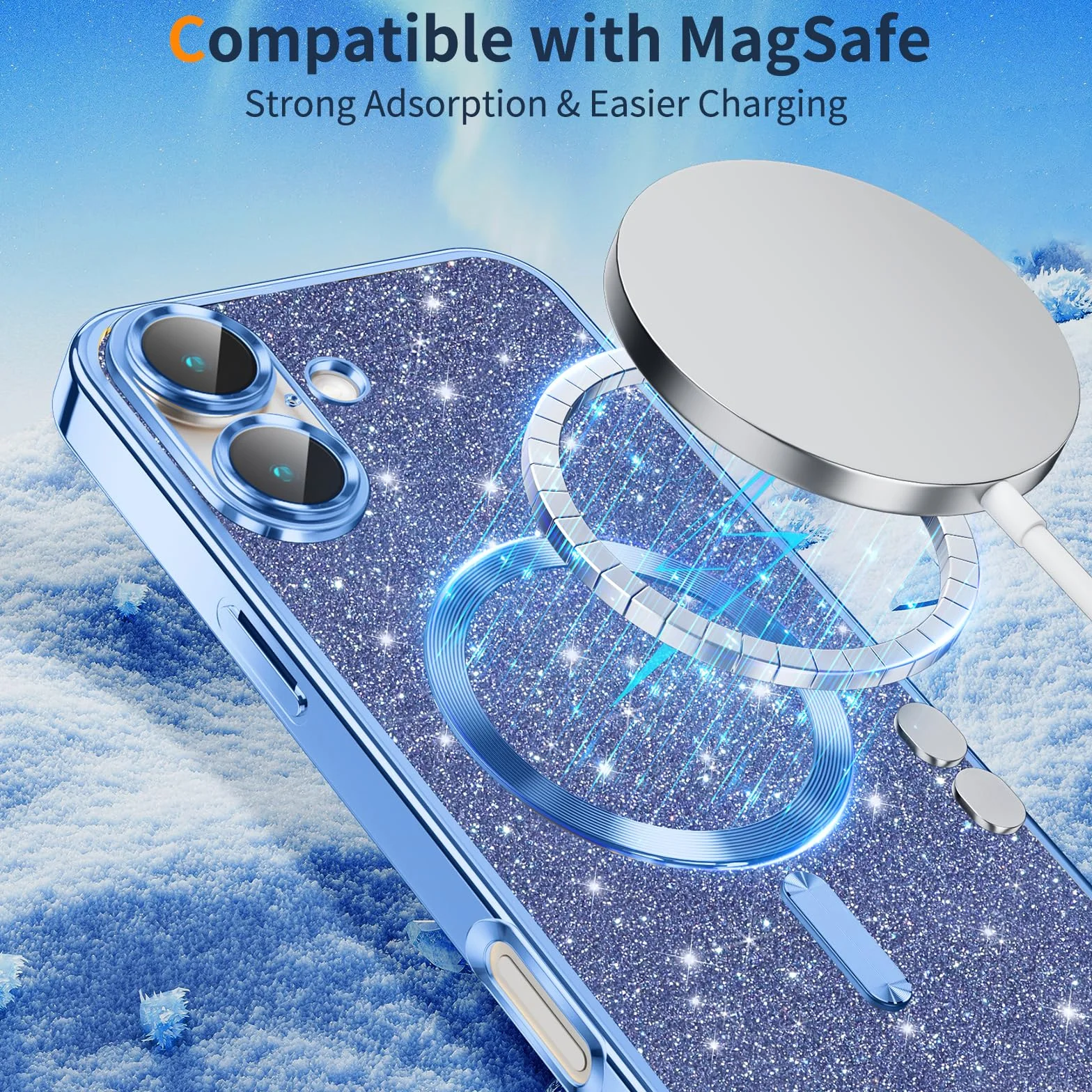 Phoona Etui na iPhone ze sznurkiem, etui z brokatem, kompatybilne z MagSafe, odporne na wstrząsy etui magnetyczne z regulowanym kołnierzem, niebieskie