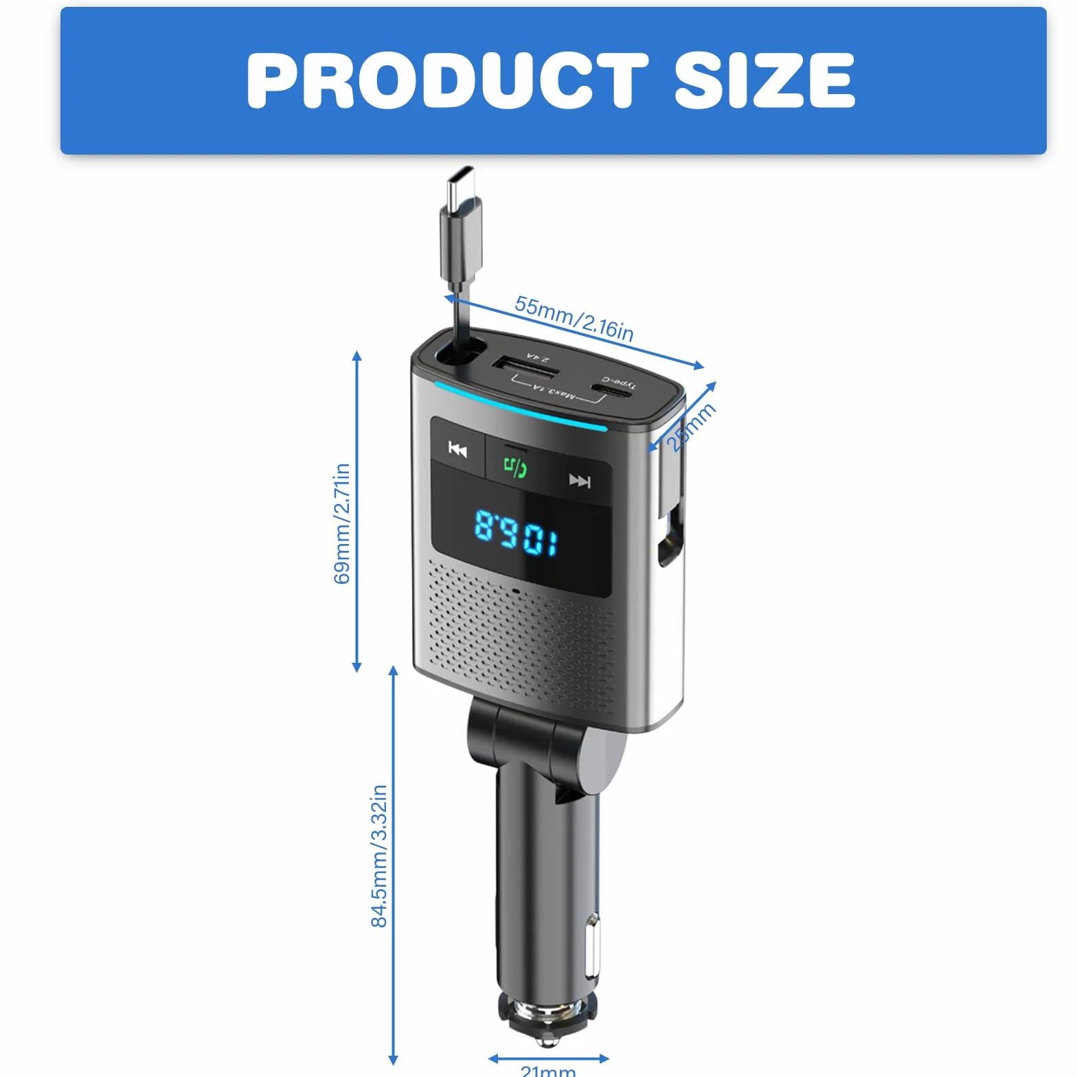 Adapter samochodowy 80,5 W, Bluetooth 5.3, 3 w 1, do gniazda zapalniczki samochodowej, USB i FM z wysuwanym kablem typu C, 24 V/12 V, adapter USB do samochodu z zestawem głośnomówiącym do iPhone'a