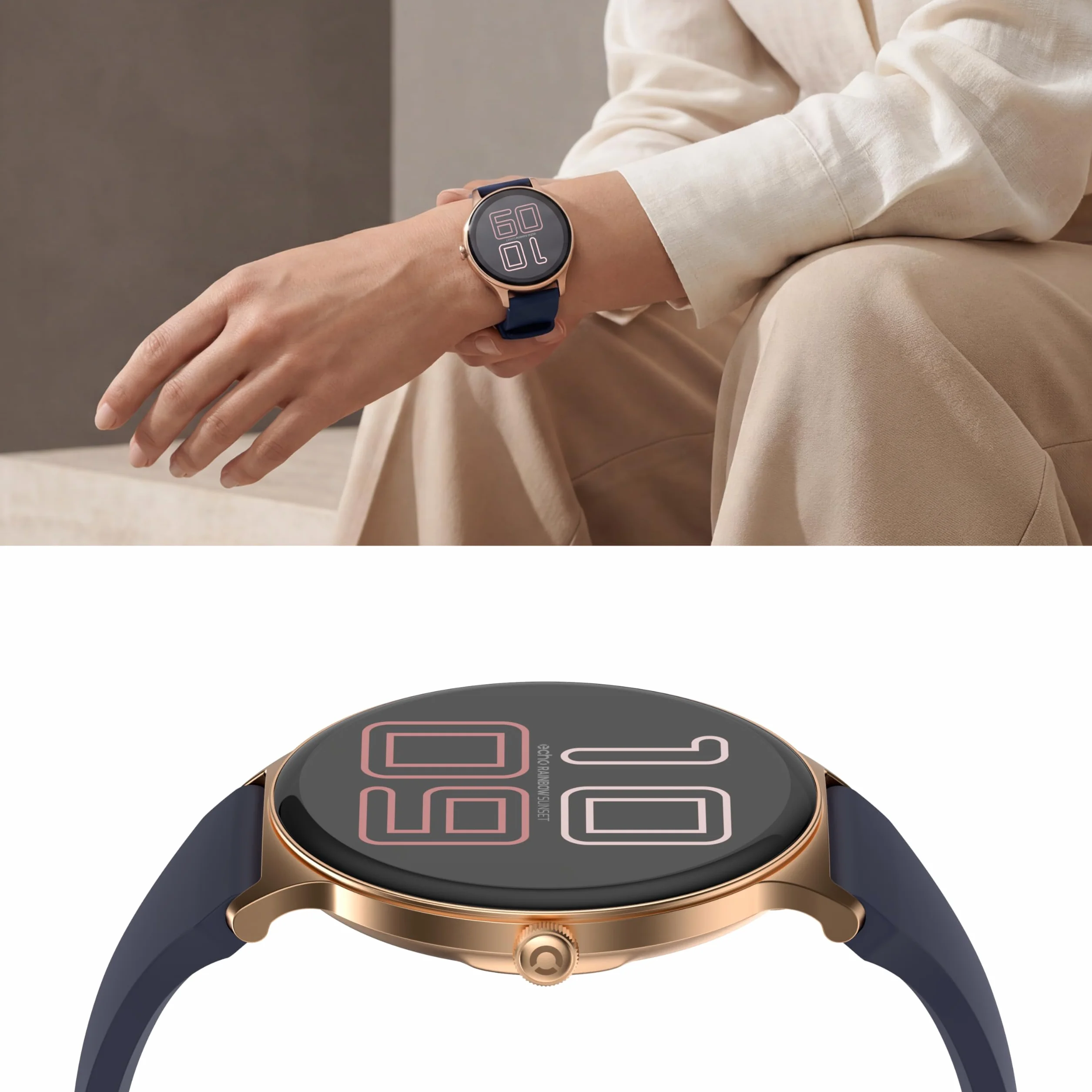 Echo Rainbow Sunset Męski damski smartwatch, wodoodporny zegarek sportowy IP67 z krokomierzem, śledzenie zdrowia, sen, 100 trybów, ekran AMOLED 1,43", autonomia 7J, iOS Android, różowe złoto