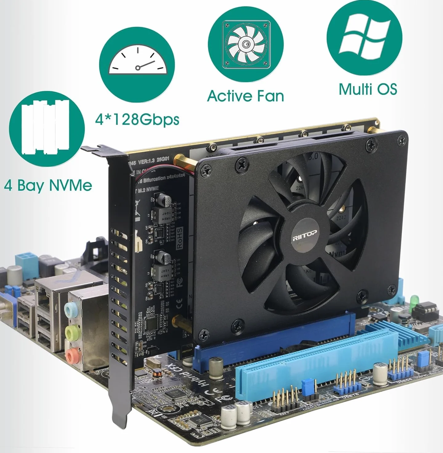 Quad NVMe PCIe 5.0 adapter z wentylatorem, RIITOP PCIe 5.0 x16 do 4X NVMe SSD (kompatybilny z płytami głównymi PCI-e Bifurkation)