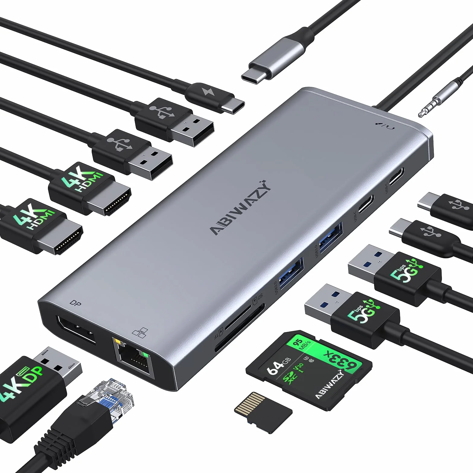 Stacja dokująca USB C, 3 monitory, koncentrator USB C, laptop, podwójny monitor, wieloportowy adapter dokujący, USB C na 2 HDMI, 4K DisplayPort, ładowanie PD, Ethernet, 7 portów USB C/A, SD/TF, audio