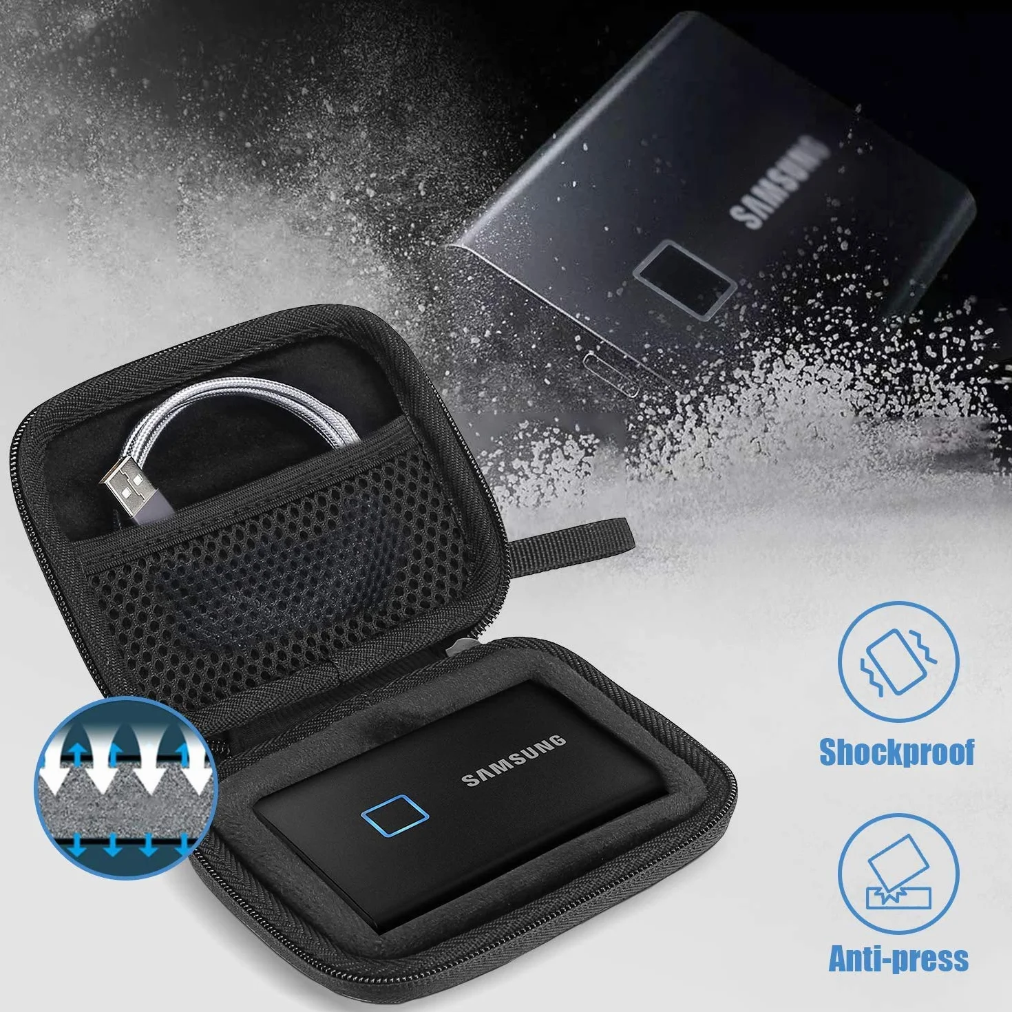ProCase Samsung T7 Touch przenośna obudowa do dysków SSD i 2 opaski kablowe, twarde EVA odporne na wstrząsy organizer podróżny do T7 500 GB 1 TB 2 TB USB 3.2 Zewnętrzne dyski SSD - czarny