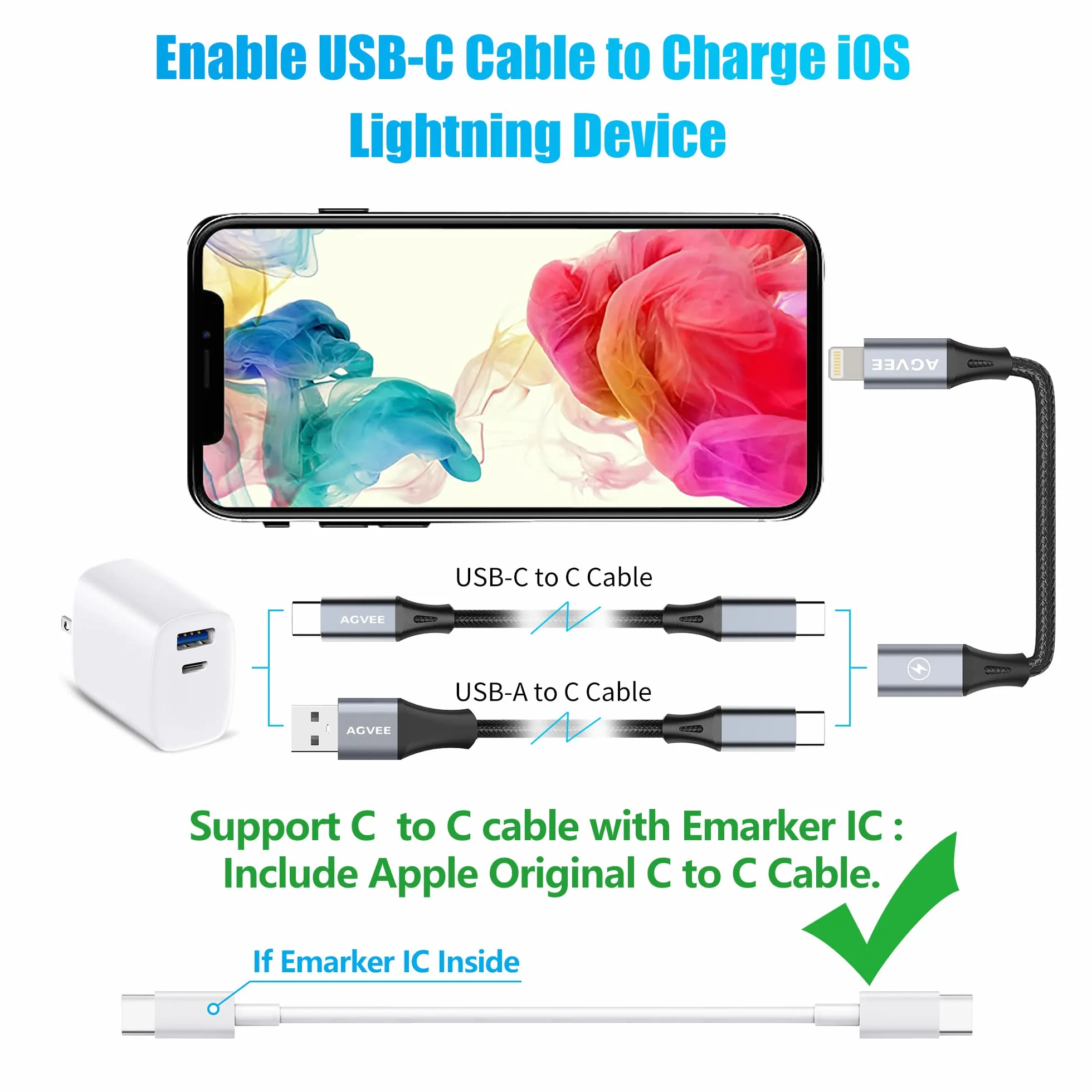 AGVEE 2-pak 4" 30 W USB-C żeński na Lightning adapter kablowy, typ C na 8-pinowy męski PD, szybkie ładowanie, konwerter, złącze synchronizacji danych, do urządzeń iPhone 13, 12, 11, Airpods iOS,