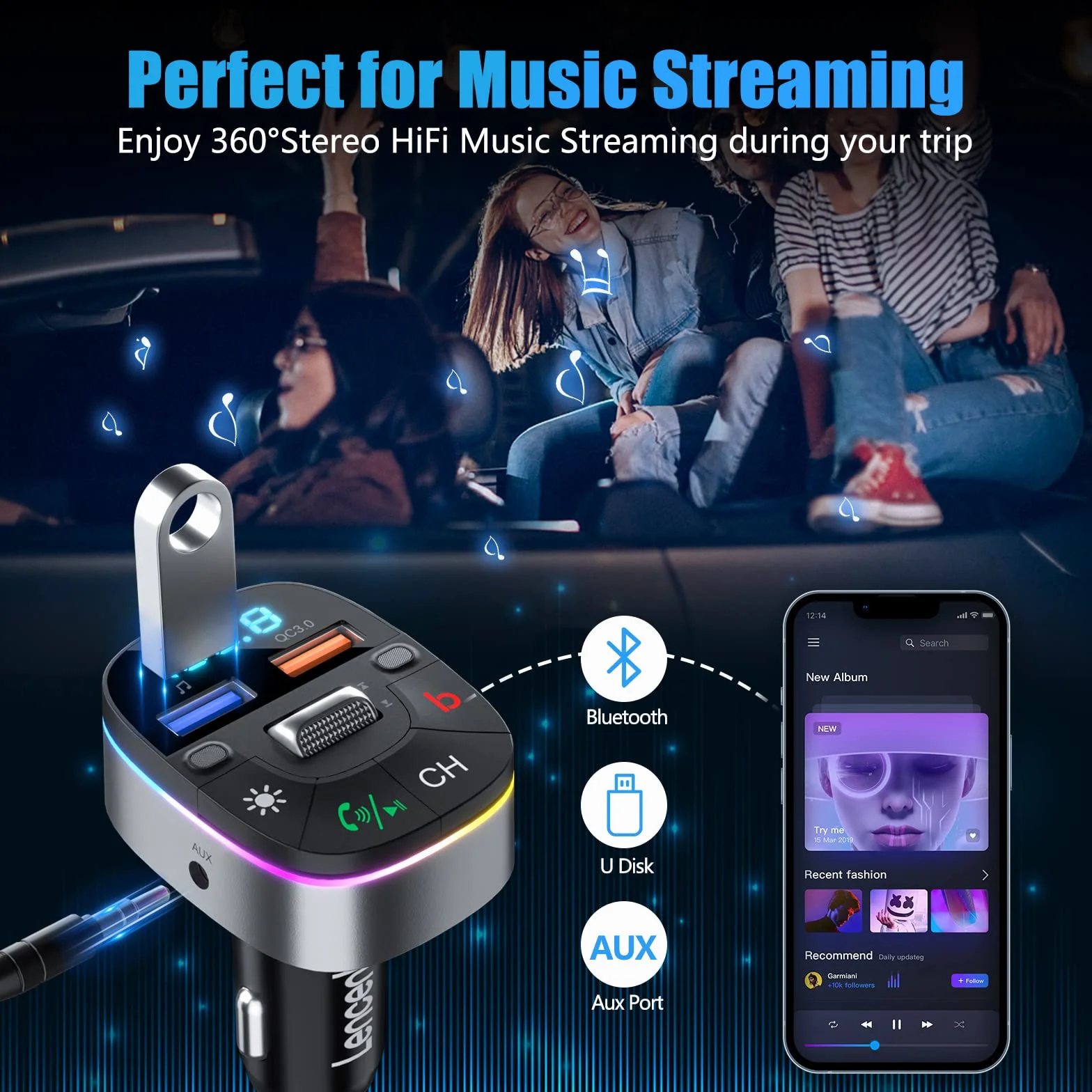 LENCENT 5.0 Samochodu Nadajnik FM Bluetooth, Bezprzewodowy Adapter Radiowy z QC3.0 ładowarka Fast USB, Adapter Radiowy Bluetooth AUX, Zestaw Głośnomówiący, MP3, Obsługuje dysk U, Kolorowe światło