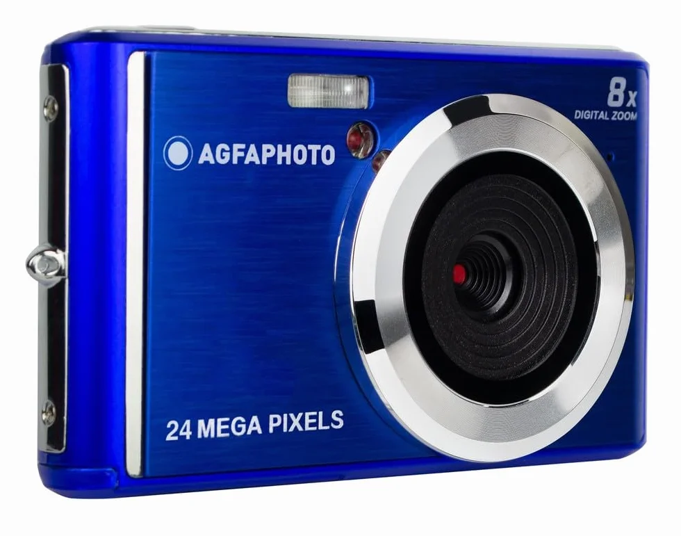 AgfaPhoto Realishot DC5500 - Kompaktowy aparat cyfrowy, 24 MP, 2,4-calowy ekran LCD, 8-krotny zoom cyfrowy, wideo HD 720p, zewnętrzna pamięć SD, bateria litowa - niebieski