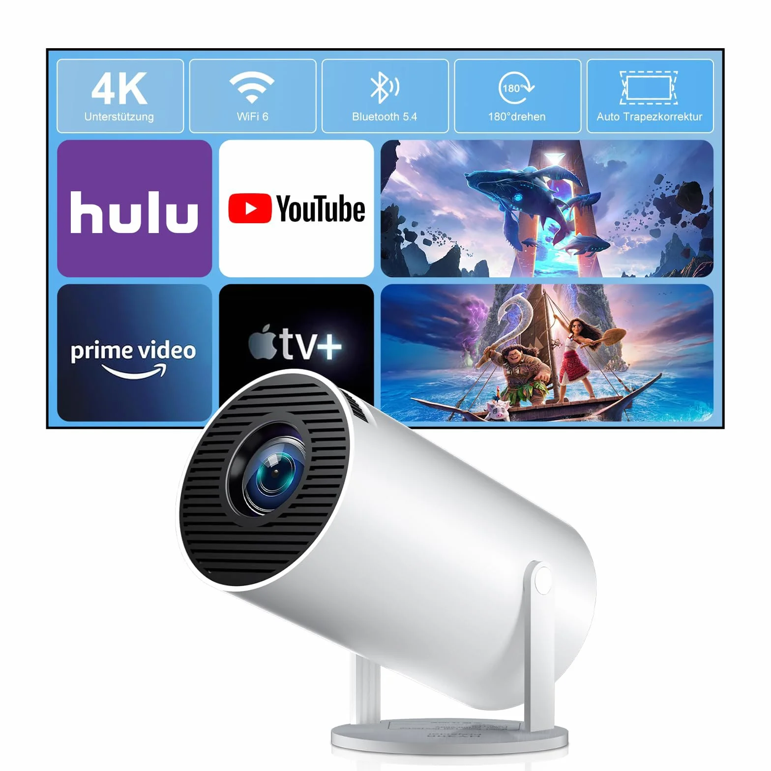 ZDSSY Mini Projektor 4K, projektor wideo 720P Native con Supporto 1080P i 4K, WiFi 6 i BT 5.2, projektor wideo obrót o 180°, zintegrowana aplikacja, przenośny projektor filmowy portatili na Esterni