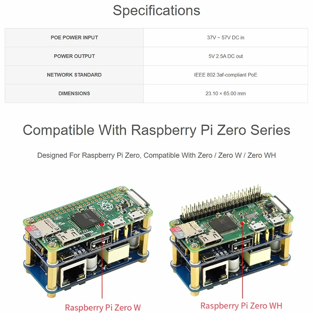PoE Ethernet/USB HUB Hat do Raspberry Pi Zero/Zero W/Zero WH, 3X USB 2.0 Porty, 10M / 100M RJ45 Port, 802.3af-Compliant