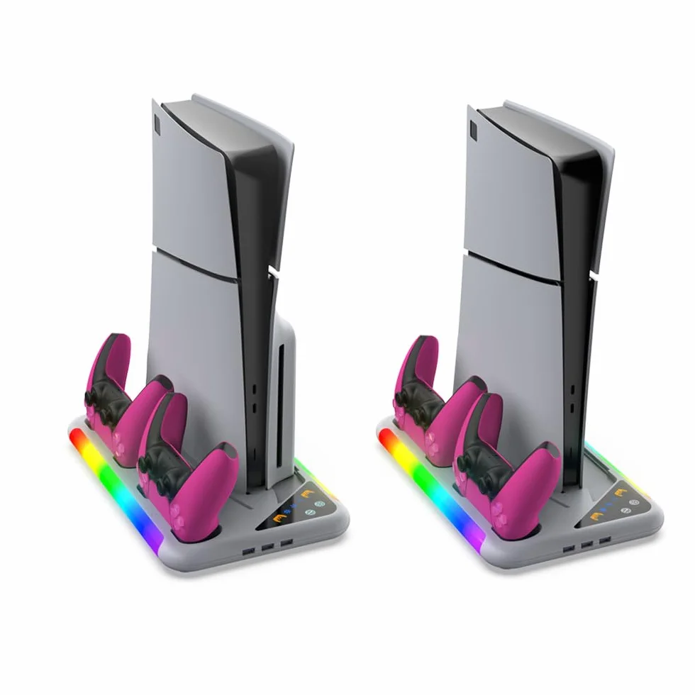 Stacja chłodząca z podwójną ładowarką kontrolera do PS5 Slim Stand, stacja ładująca, uchwyt na słuchawki ze światłem RGB dla PS5 Slim (biały)