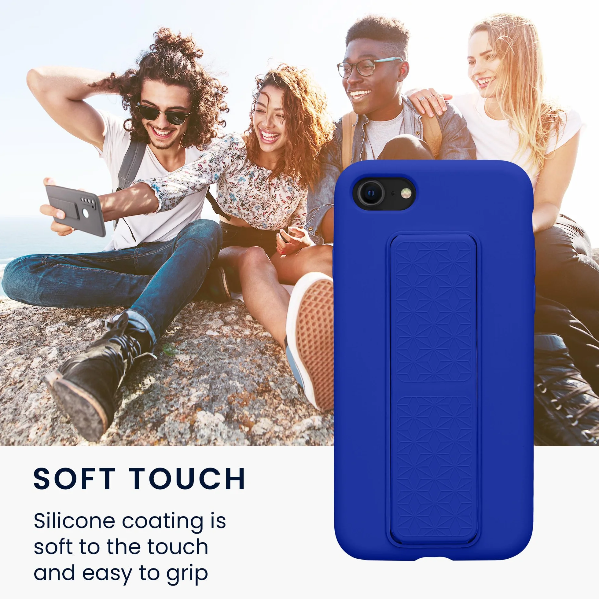 kwmobile Etui kompatybilne z Apple iPhone SE (2022) / iPhone SE (2020) / iPhone 8 / iPhone 7 - Etui z paskiem na rękę i podstawką, miękka silikonowa powłoka TPU - Baltic Blue