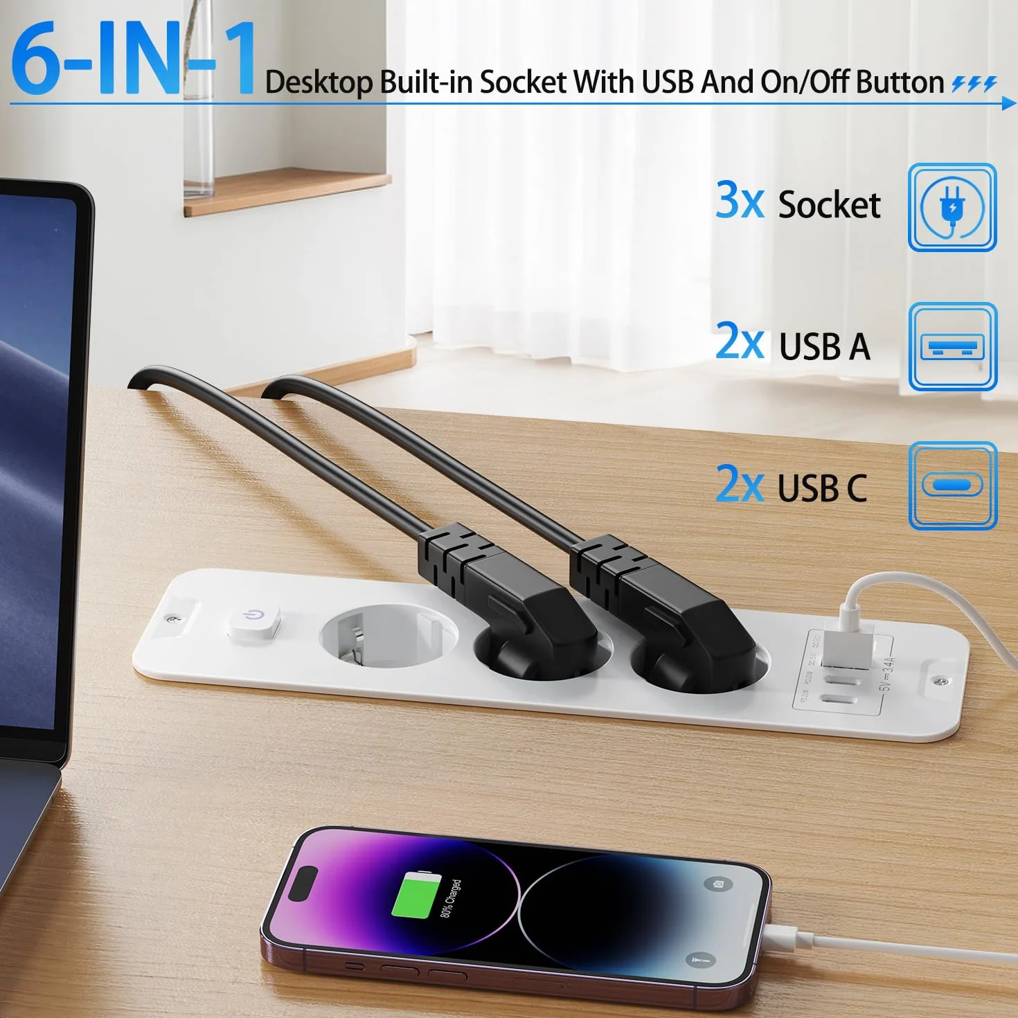 Gniazdo wtykowe do zabudowy z USB, 3-krotne gniazdko stołowe z USB A i Type-C, 7 N 1, blat stołu, wpuszczane potrójne gniazdko z kablem przedłużającym 2 m, listwa zasilająca do zabudowy, do biura,
