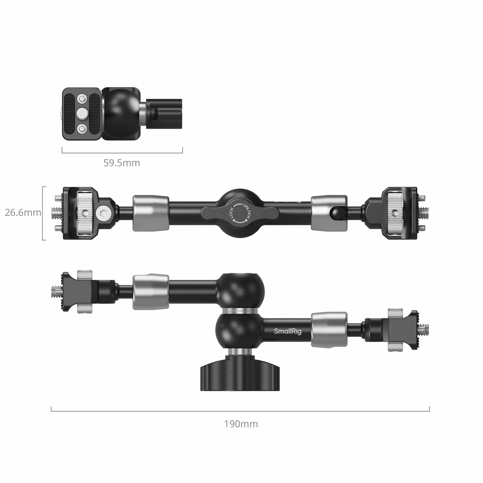 SMALLRIG 7'' Magic Arm ze śrubami 1/4"-20 i sprężynowymi kołkami, nośność 1,5 kg, podwójna głowica kulowa 360°, konstrukcja antypoślizgowa do kamer/oświetlenia/monitorów/mikrofonów/telefonów – 5308