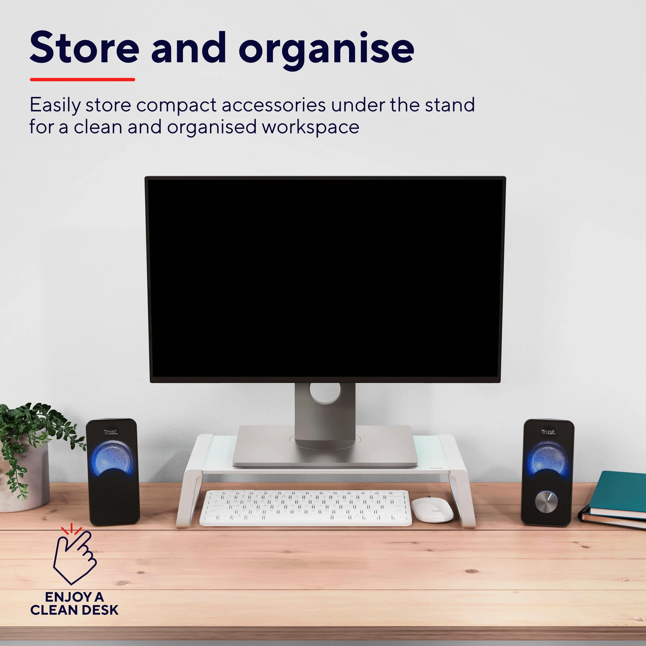 Trust Monta Stojak na monitor, stojak na ekran ze szkła hartowanego, uniwersalny organizer do półek, ergonomiczny, na biurko, do komputera PC, Mac, komputera, notebooka, domowego biura, biały
