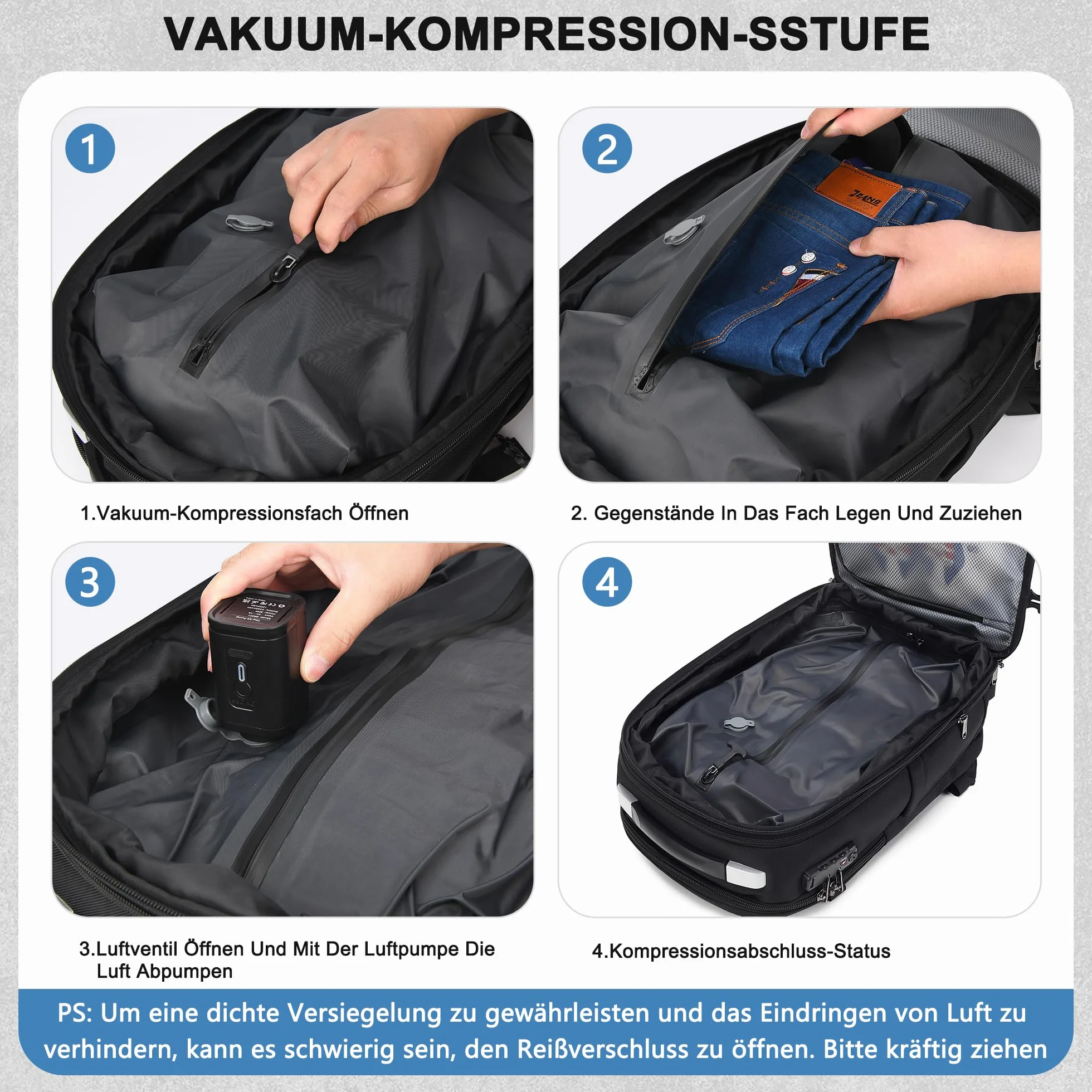Plecak próżniowy, bagaż podręczny, 60 l, możliwość rozszerzenia, plecak podróżny z kompresją i pompką, plecak z zamkiem TSA, mit Luftpumpe