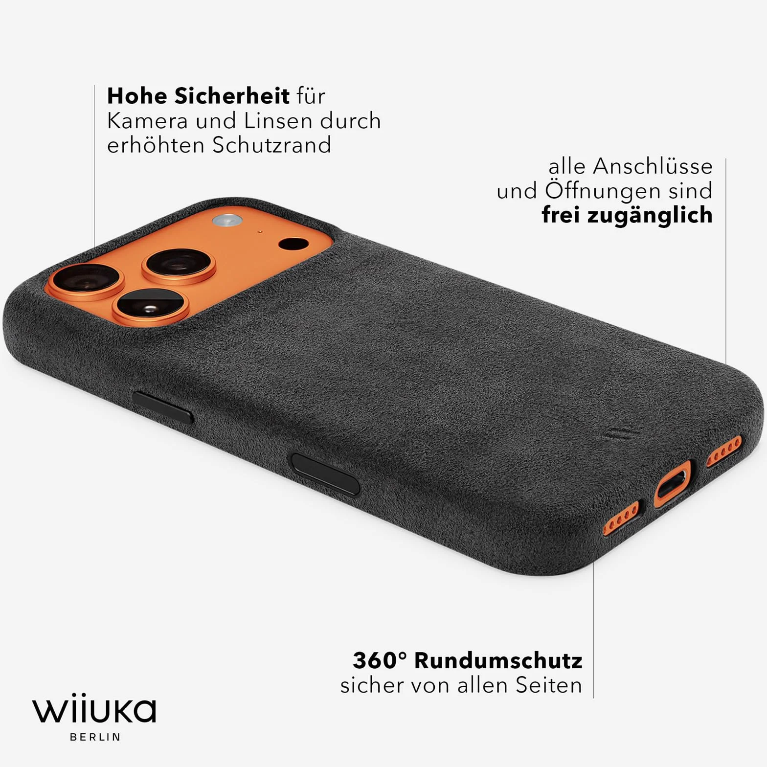 WIIUKA Etui do iPhone 17 Pro, oryginalne Alcantara, ręcznie wykonane, ochrona 360°, wyjątkowo smukłe, etui na telefon komórkowy, etui, Qi, alternatywa dla skóry, skiin VL Alcantara, Mystery Grey