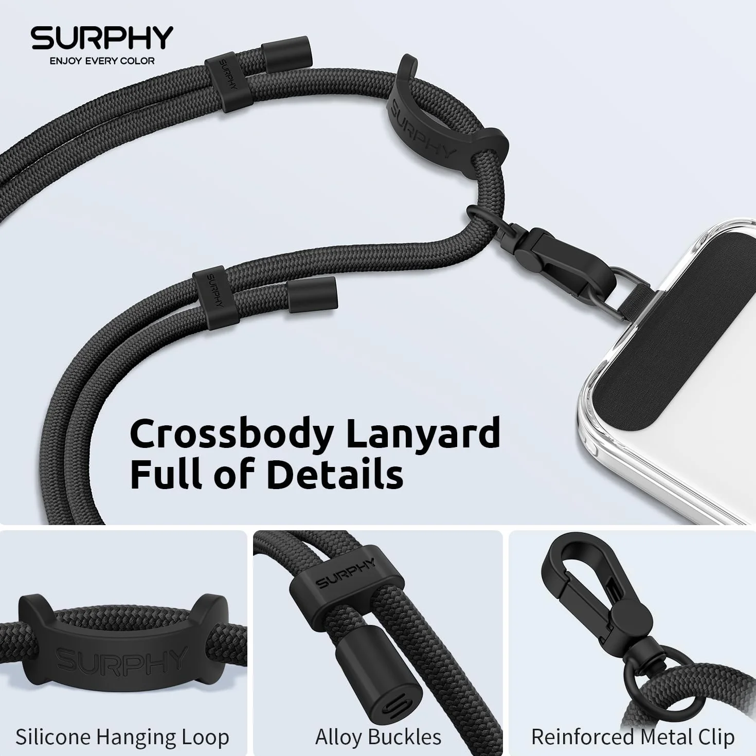 SURPHY Uniwersalna Smycz, Regulowany Pasek do Telefonu Komórkowego, Kolorowy dla Wszystkich Smartfonów, Smycz kompatybilna z Etui na Telefon Airpods, Pamięć USB
