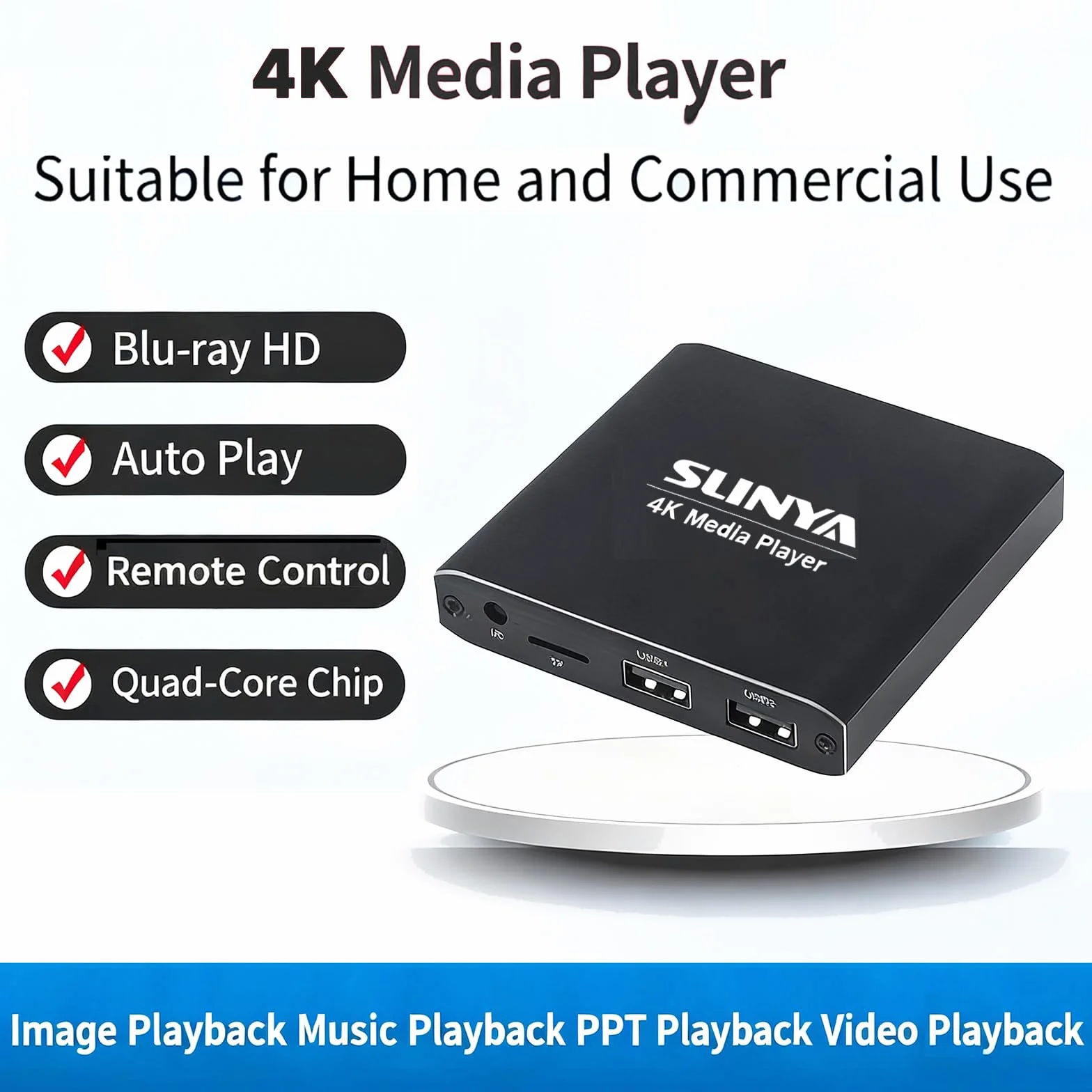 Cyfrowy odtwarzacz multimedialny 4K Ultra HD z pilotem zdalnego sterowania, obsługuje HDD/USB/Micro SD (TF), H.265/HEVC/H.264, MKV/MP4/AVI/PPT, MP3/JPG, HDMI/AV/optyczny, Auto Play