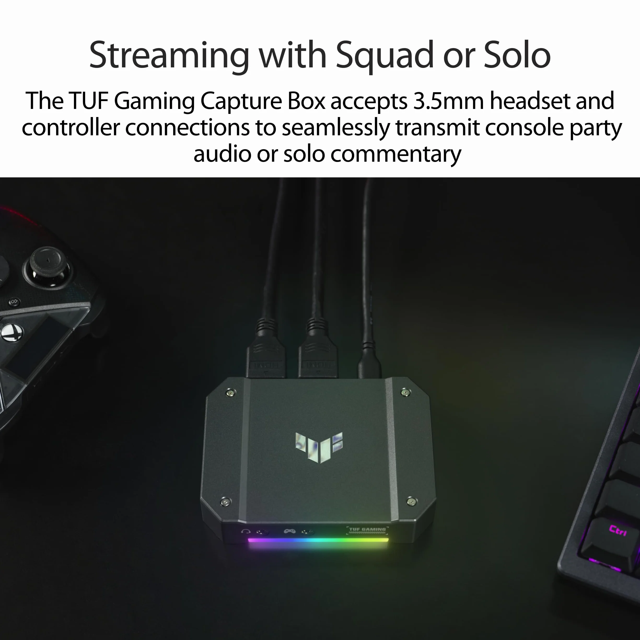 ASUS TUF Capture Box 4KPRO – kompatybilność HDMI 2.1, 4K do 60 kl./s, 2K do 120 kl./s i Full HD do 120 kl./s, Plug-and-Play USB 3.2 Gen 2, dwa gniazda 3,5 mm, certyfikat OBS, VRR