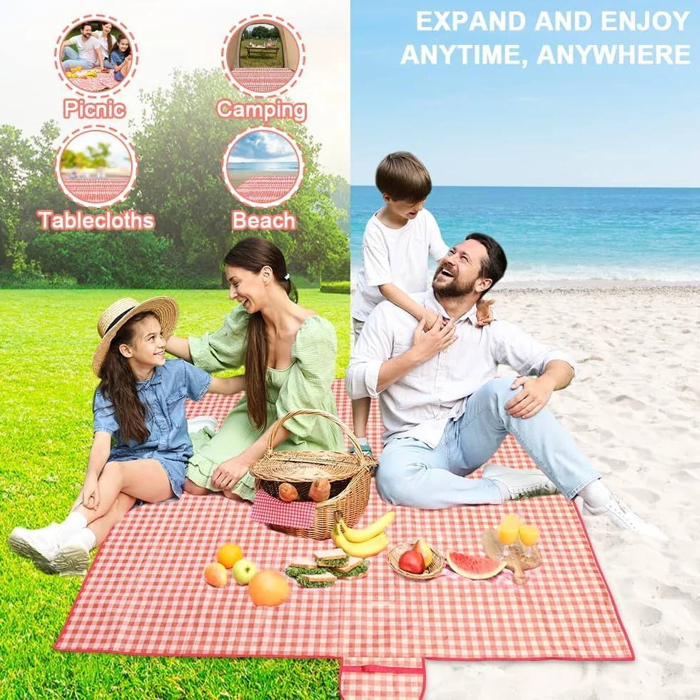 Wodoodporny koc piknikowy 150x200 cm, składany kempingowy plażowy z uchwytem czerwony