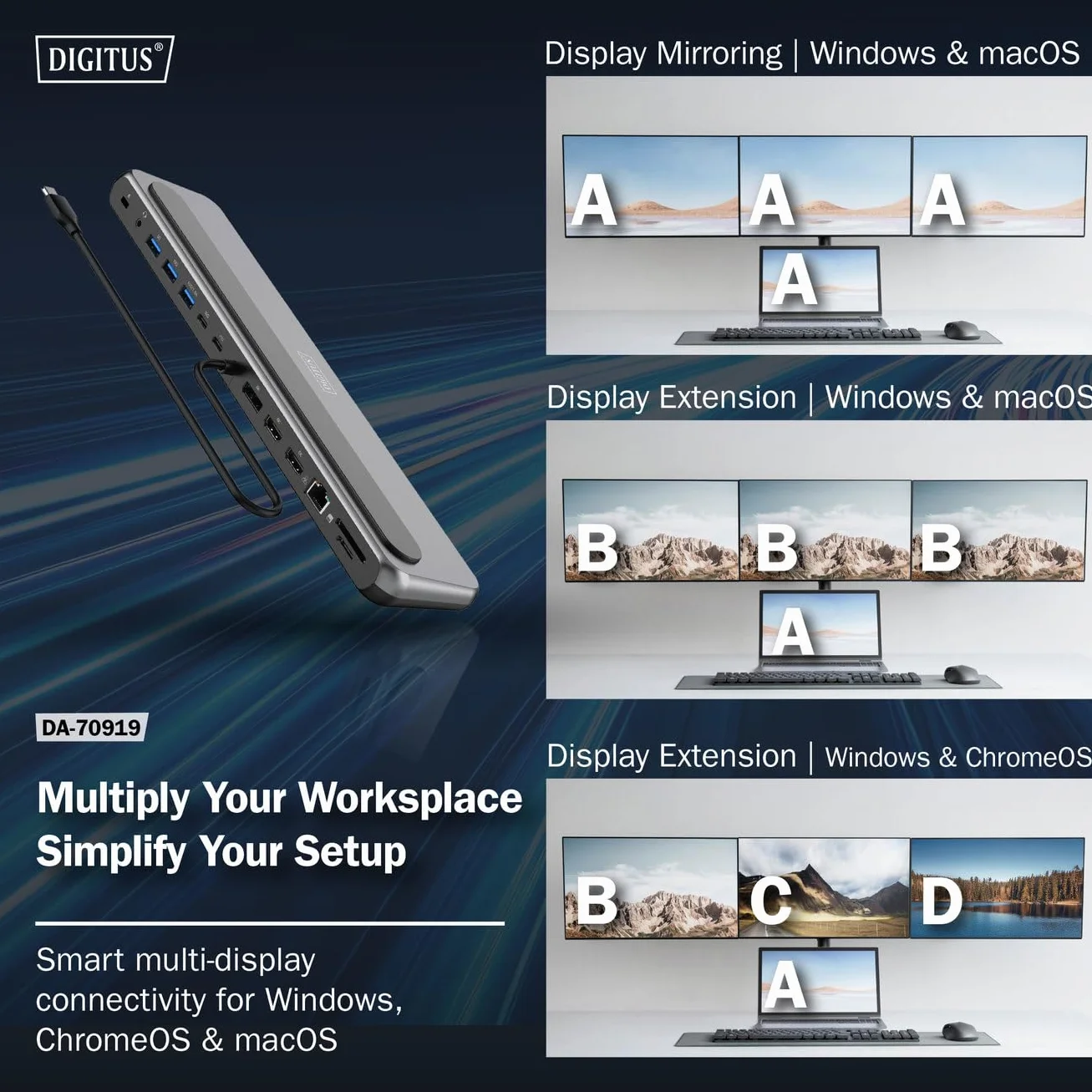DIGITUS Stacja dokująca do notebooka – 12 portów – 2x HDMI, 1x DisplayPort 8K 30Hz – 2x USB-A 3.2 Gen2, 1x Typ-A 3.2 Gen1, 1x USB-C 3.2 Gen2 – 1x RJ45 – Czytnik kart SD/MicroSD – Złącze 3,5 mm – Szara