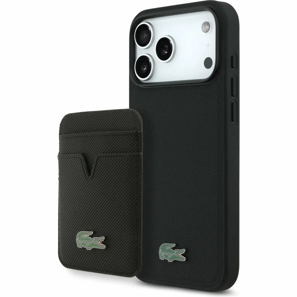 CG MOBILE Lacoste etui + zestaw portfela Iconic Petit Pique kompatybilne z MagSafe do iPhone 17 Pro Max (czarne)