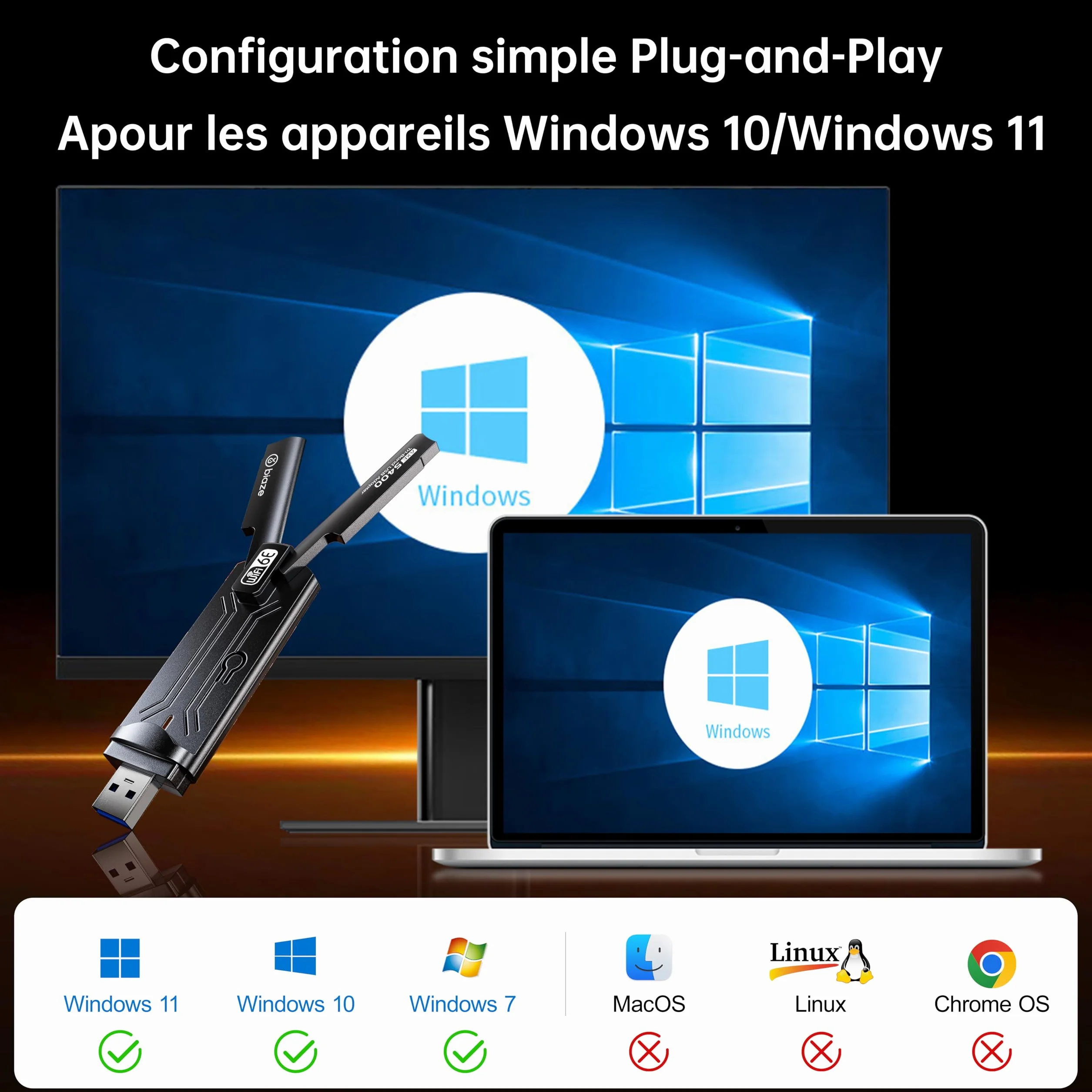 Bezprzewodowy adapter WiFi 6E 5400 Mbit/s USB 3.0 – dwupasmowy adapter do gier WiFi do komputera i laptopa, karta sieciowa Plug-and-Play-WiFi 6E z zewnętrzną anteną (WiFi6E 5400 Mbit/s)