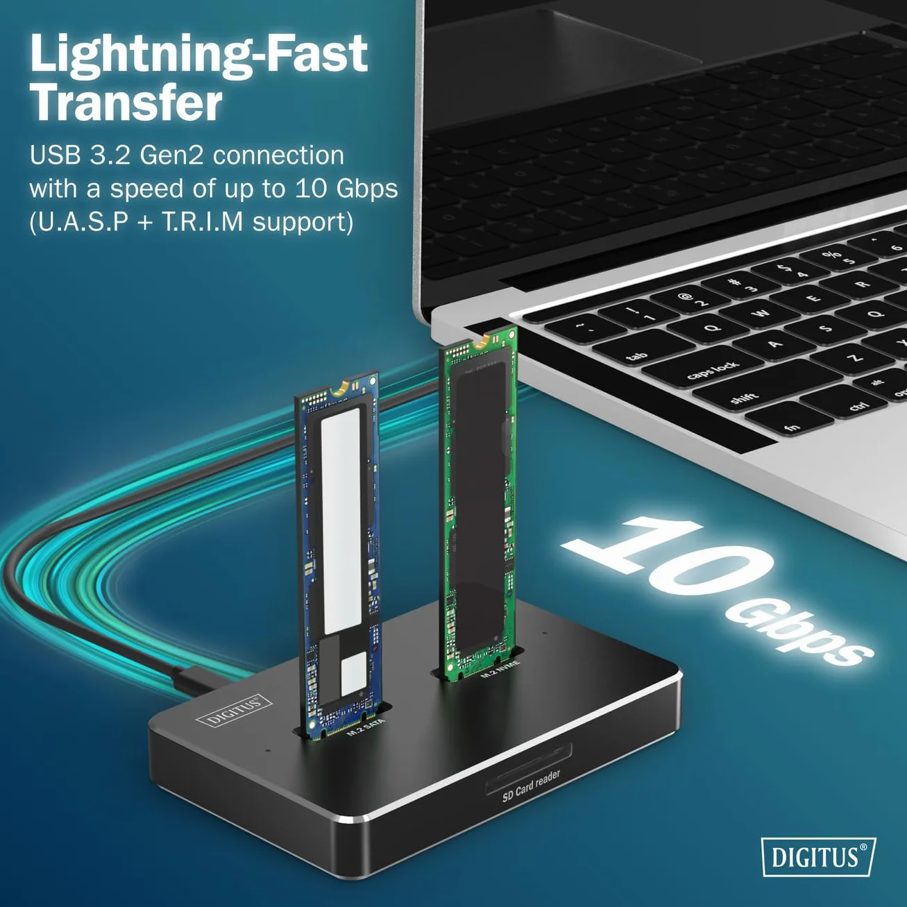 DIGITUS M.2 SSD stacja dokująca – dla dysków SSD NVMe i SATA o pojemności do 4 TB – czytnik kart SD Express – USB-C 3.2 Gen2 10 Gbit/s – dla 2242, 2260, 2280, 22110 – Hot-Swap – czarny