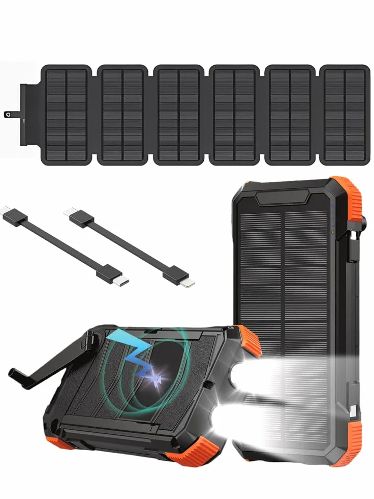 Solar Power Bank 20000mAh, przenośna ładowarka solarna, 5V/3A USB-C Fast Charge, 5W wireless, panel słoneczny 2W + korba ręczna, powerbank survival outdoor camping, LED SOS, USB-A/USB-C