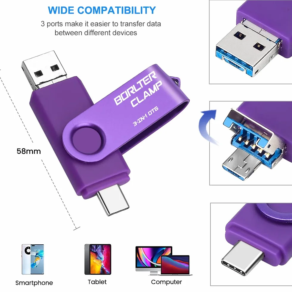 BorlterClamp OTG USB 3.0 Stick 3 w 1 do telefonów Android, Samsunga Galaxy, laptopów i innych (fioletowy)