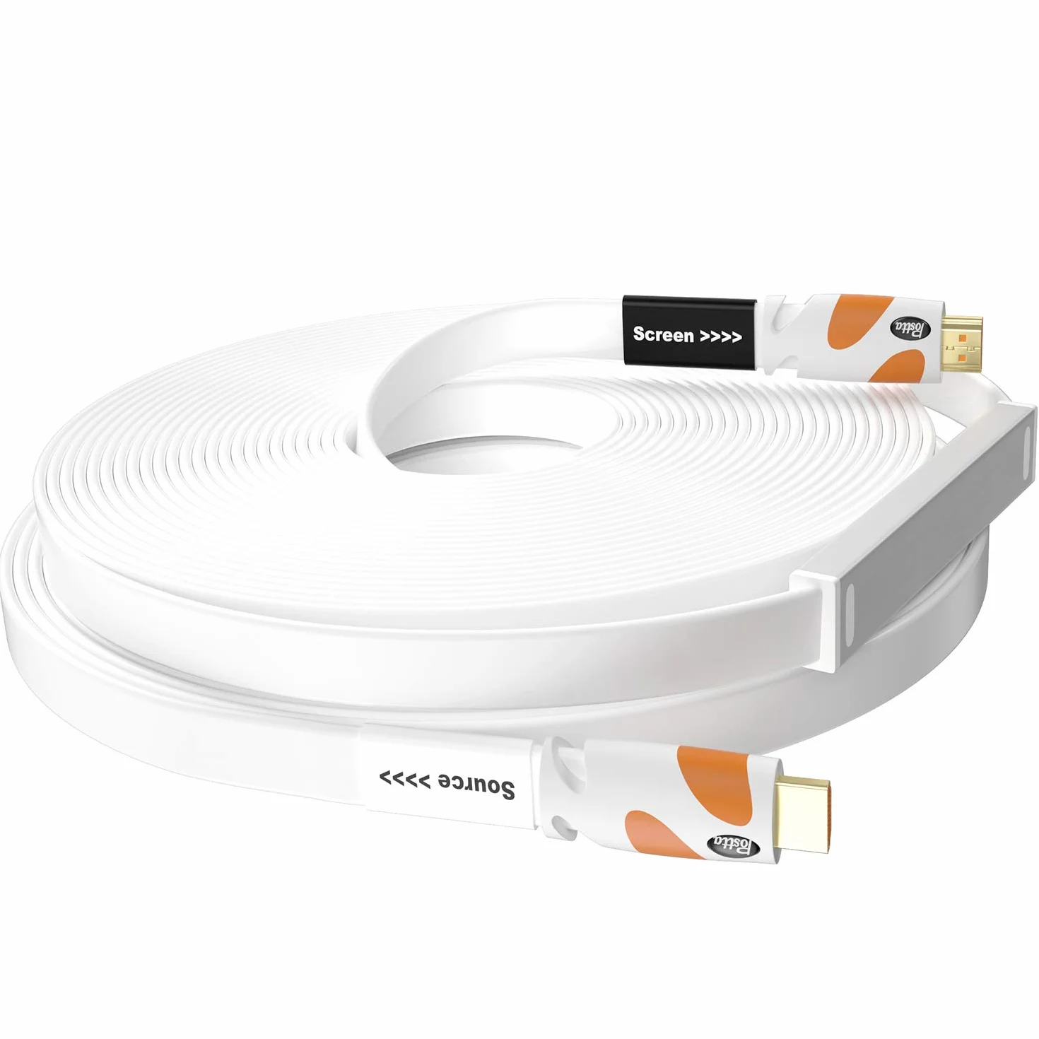 Postta Płaski kabel HDMI 4K HDMI2.0 z wbudowanym wzmacniaczem sygnału, obsługa 4K (2160P), 3D, 1080P, Ethernet, dźwięk zwrotny (biało-pomarańczowy)