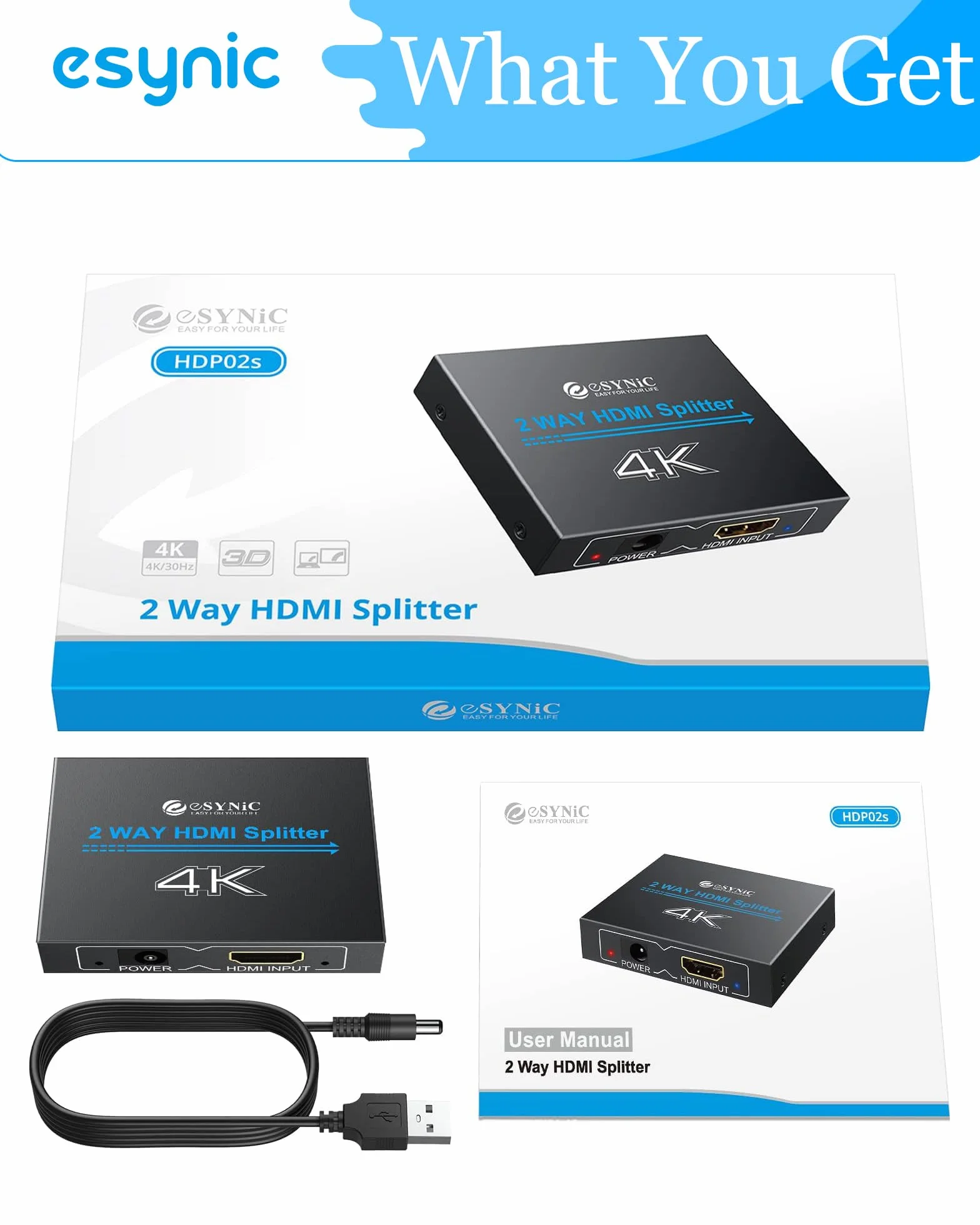 eSynic Rozdzielacz HDMI 4K/30Hz 2-drożny 1 wejście 2 wyjścia HDMI 1.4 HDCP Bypass Splitter