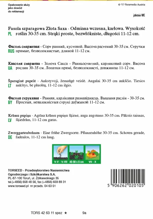 Nasiona fasoli Golden Saxa Phaseolus vulgaris – wczesna dojrzałość, żółte strąki bez włókien