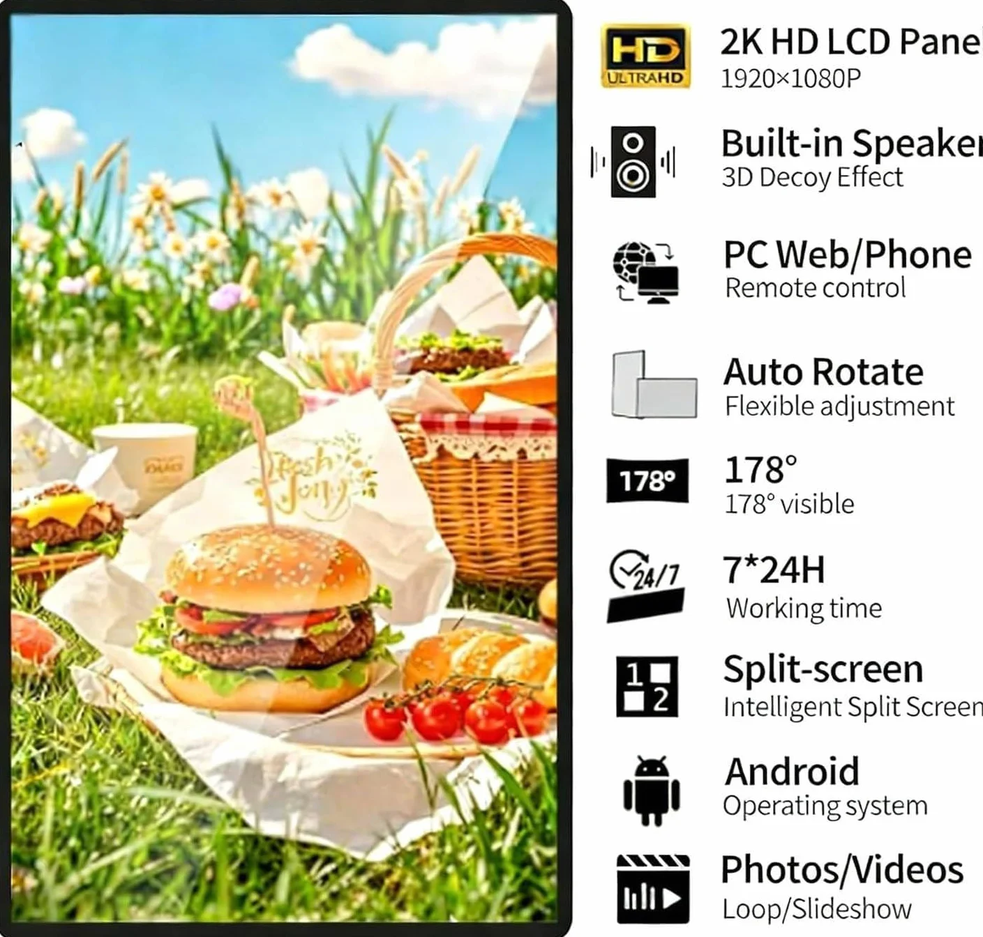 Komercyjny wyświetlacz Digital Signage, inteligentny odtwarzacz wideo z dzielonym ekranem do reklamy w restauracji