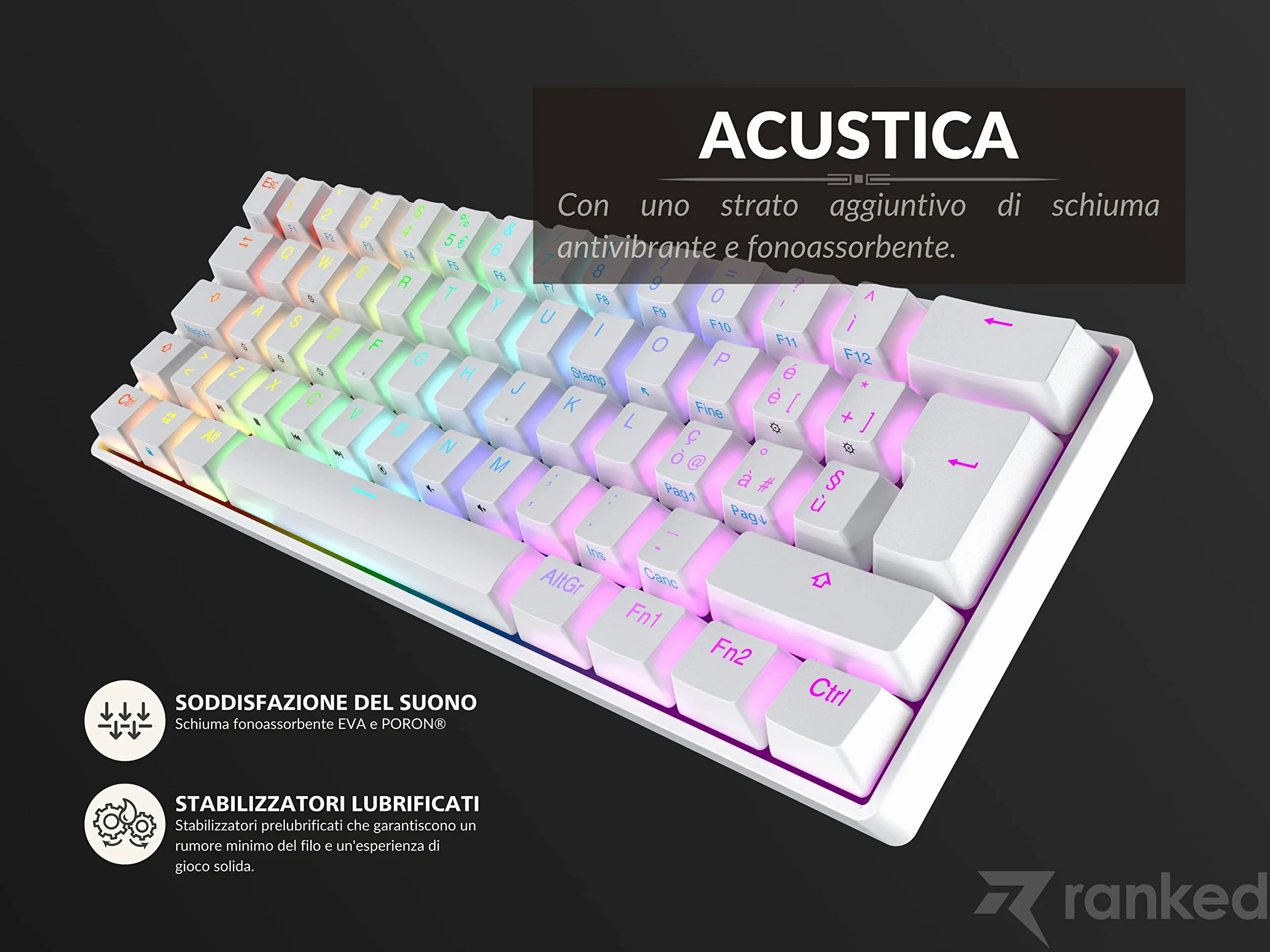 Ranked N60 Nova 60%| Mechaniczna Klawiatura do Gier | 62 Klawiszy Podświetlenia RGB | PC/MAC Gamer | Układ włoski QWERTY ISO IT (Bialy, Gateron Brown)