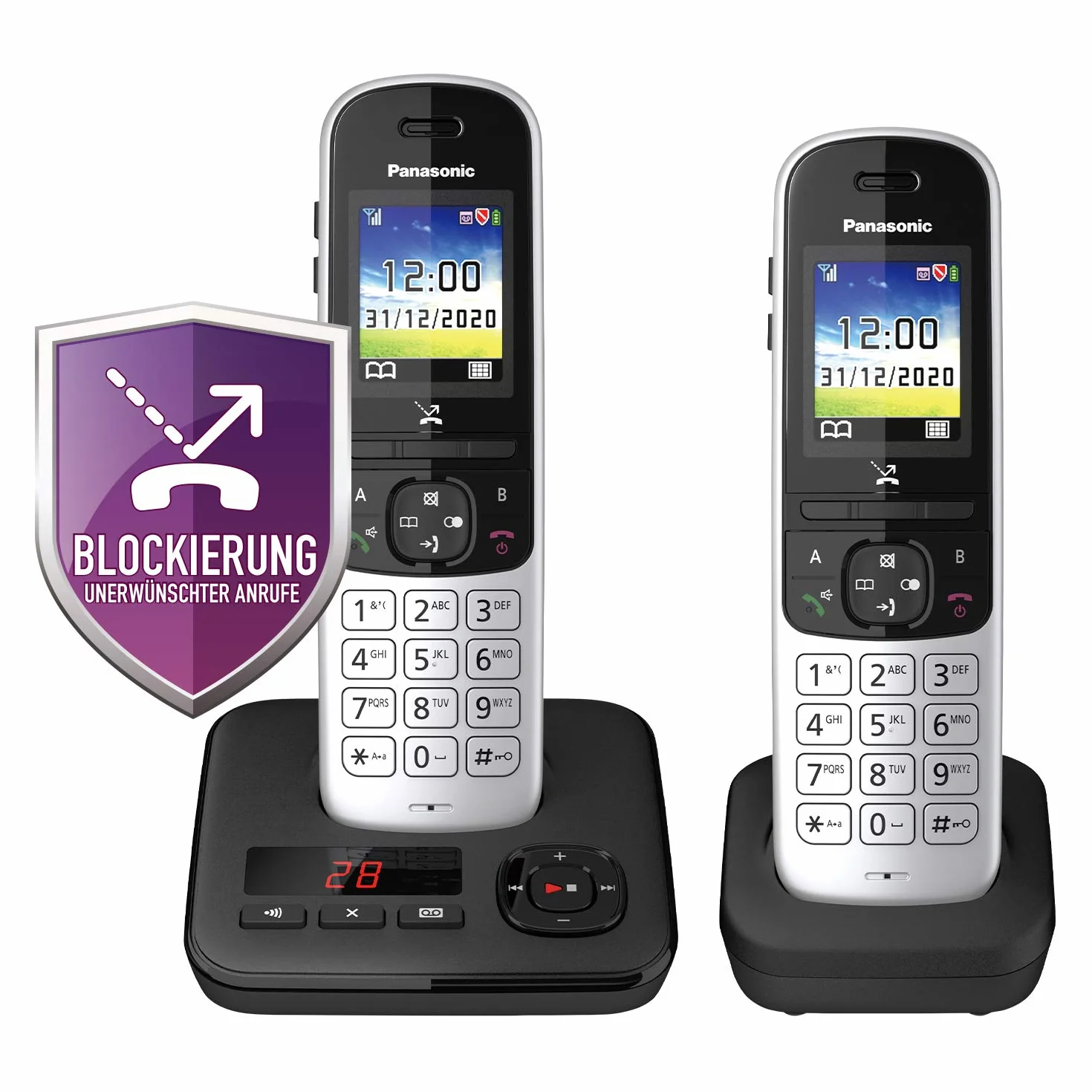 Panasonic KX-TGH722GS telefon bezprzewodowy Duo z automatyczną sekretarką (telefon (DECT, niskie promieniowanie, kolorowy wyświetlacz, blokada połączeń, zestaw głośnomówiący) czarny