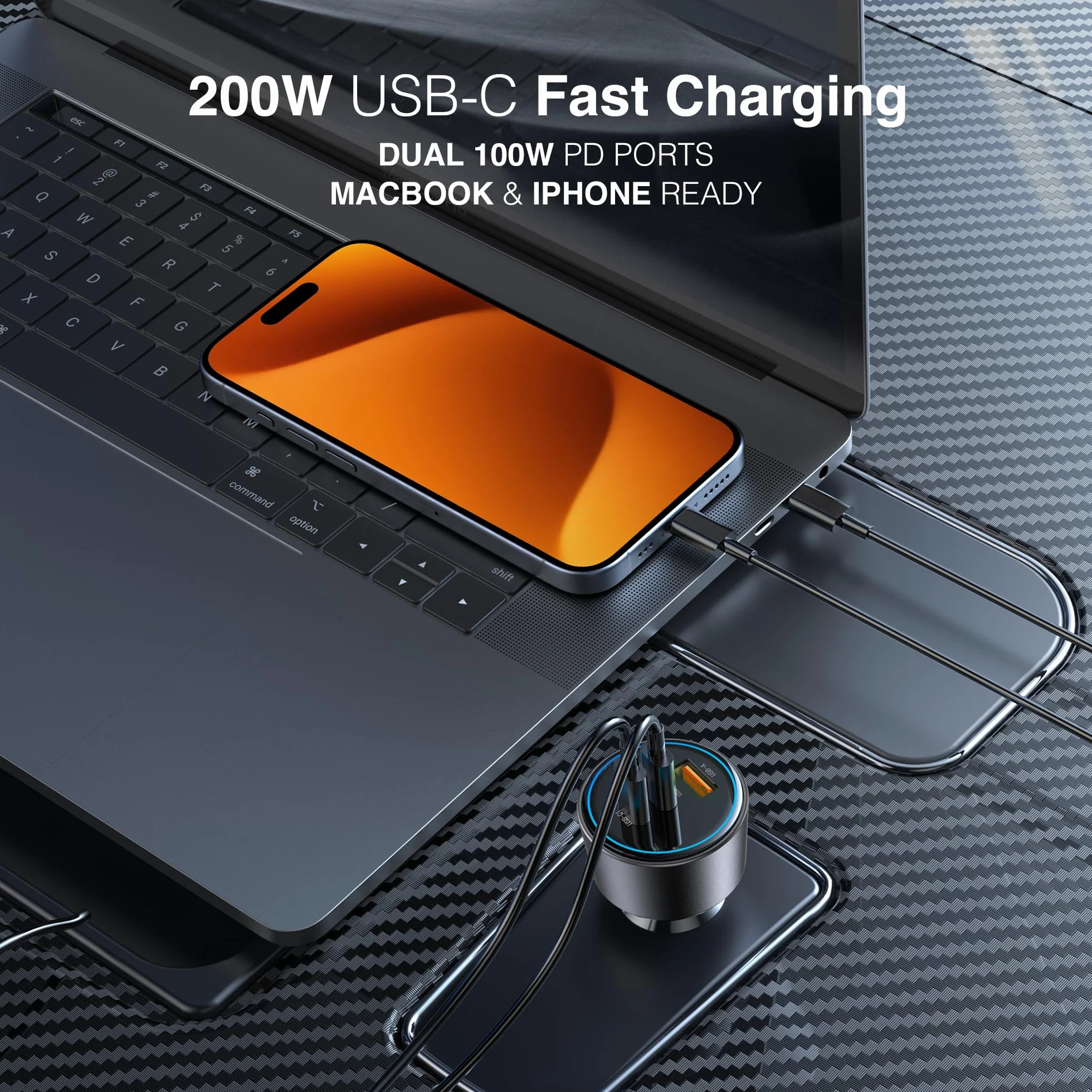 PORTENTUM Adapter ładowarki samochodowej 200 W – darmowy kabel USB-C – potrójny i symulacyjny – 2 x USBC PD 100 W + USBA QC 18 W – ładowanie USB do zapalniczki samochodowej do iPhone'a, iPada